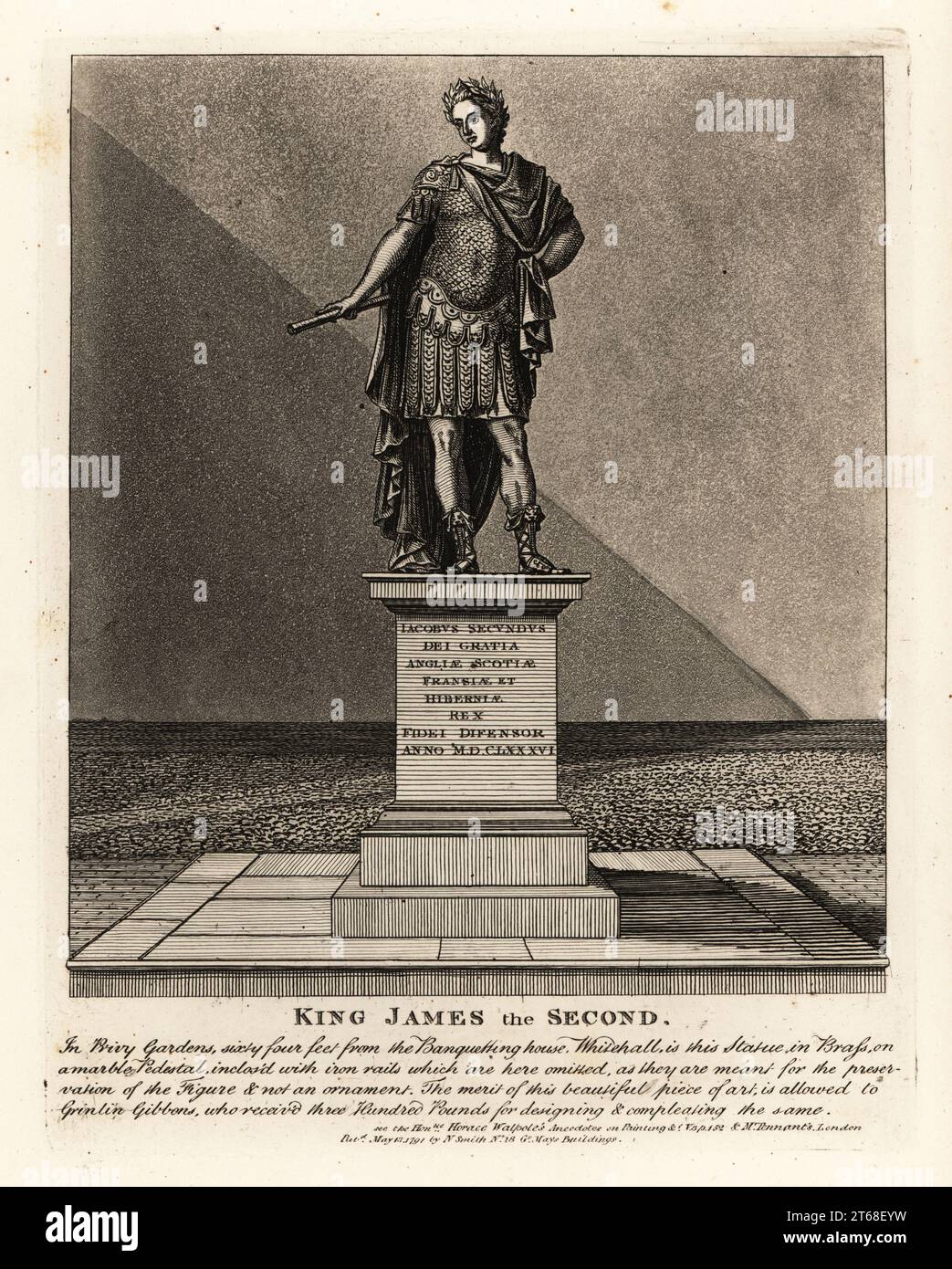 Statue of King James II of England in costume as a Roman emperor, Jacobus Seundus, designed by Grinlin Gibbons, in the Privy Gardens. Copperplate engraving by John Thomas Smith after original drawings by members of the Society of Antiquaries from his J.T. Smiths Antiquities of London and its Environs, J. Sewell, R. Folder, J. Simco, London, 1791. Stock Photo