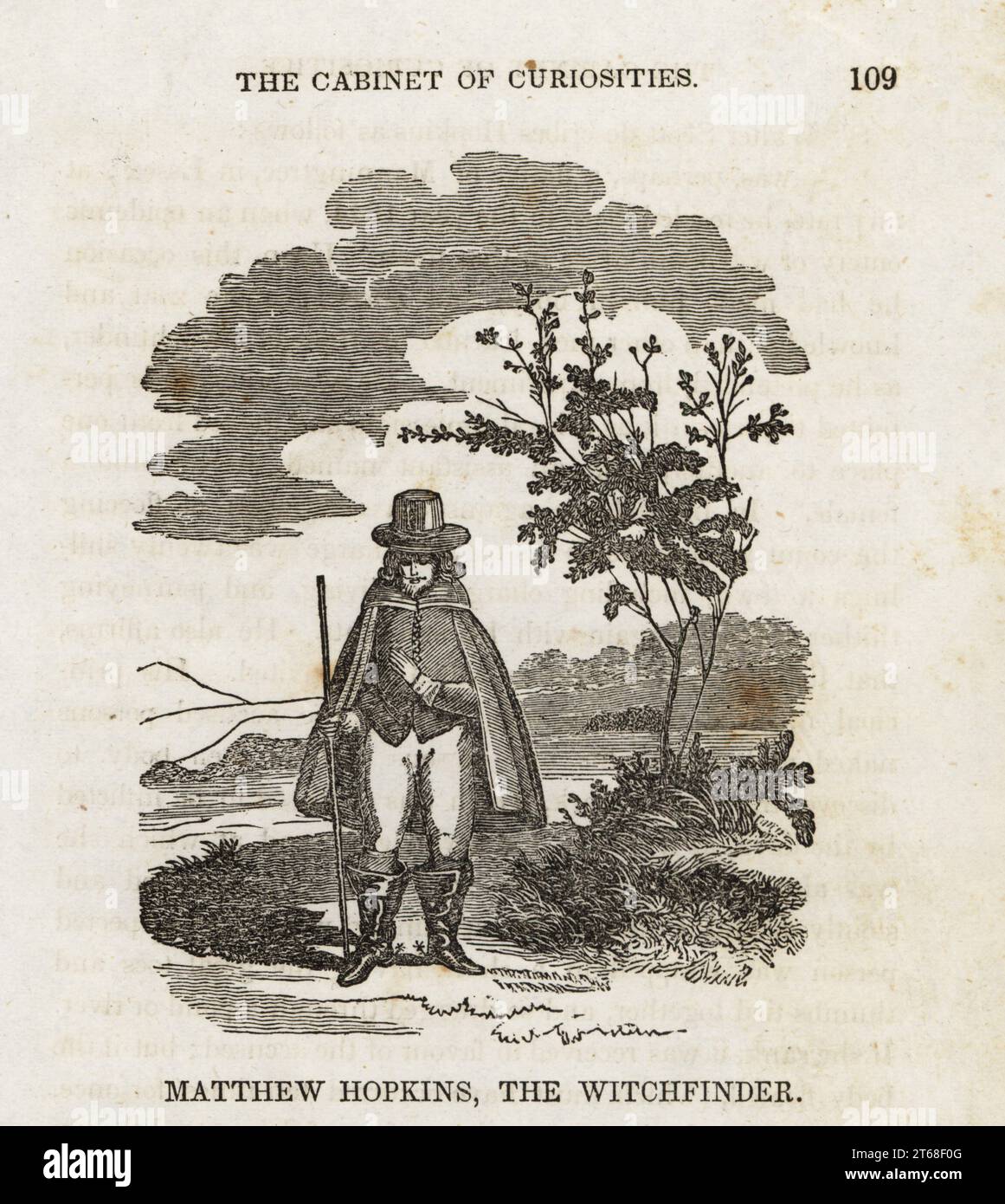 Matthew Hopkins, the Witchfinder (c. 1620-1647). Notorious witch-hunter whose career flourished during the English Civil War. Author of the Discovery of Witches. Woodcut from The Cabinet of Curiosities, or Wonders of the World Displayed, Henry Piercy, New York, 1836. Stock Photo