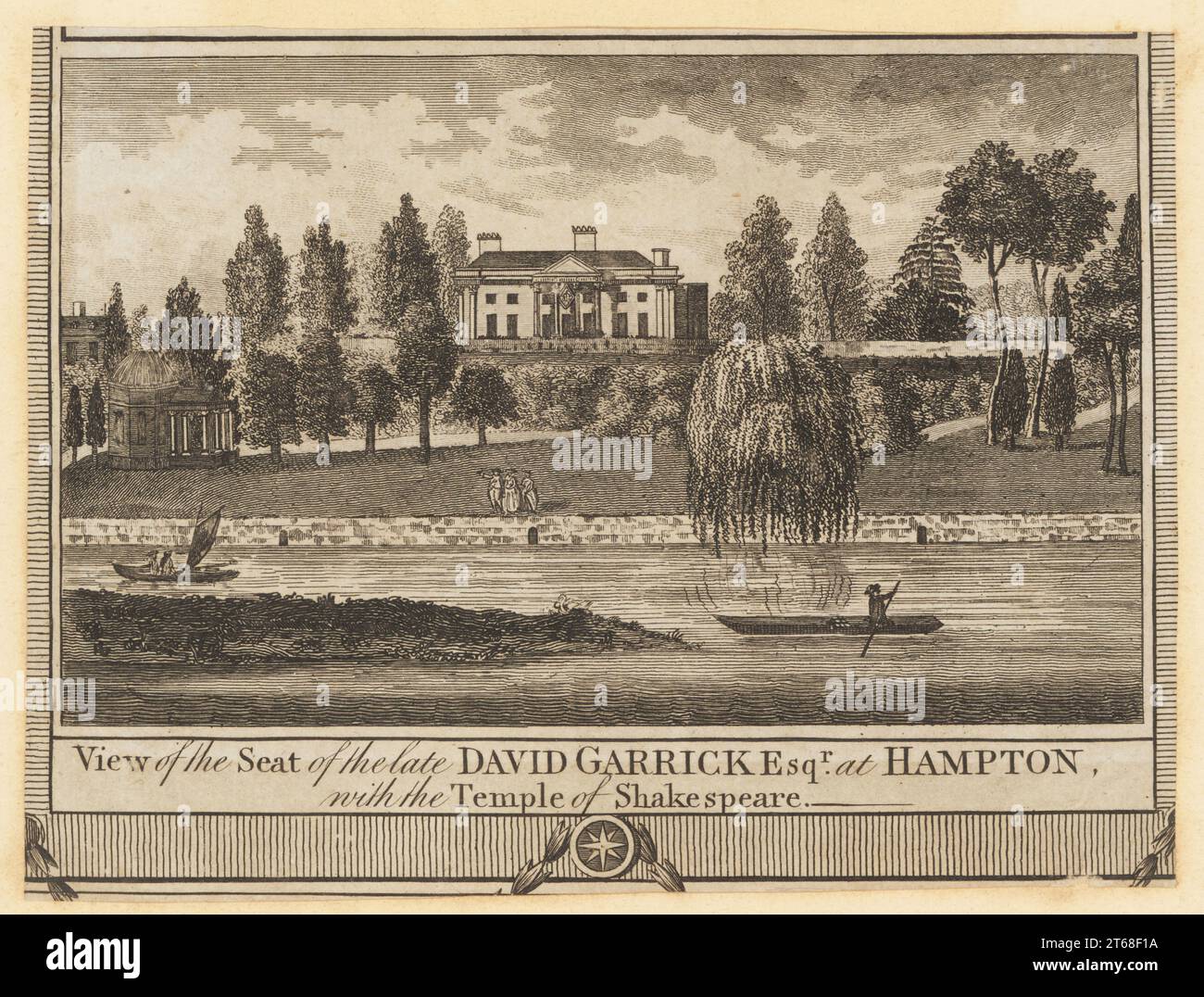 View of David Garrick's Villa, Hampton Court Road, 18th century. Seat of the late David Garrick Esq at Hampton. Portico by neoclassical architect Robert Adam added in the 1750s, and Temple of Shakespeare, an octagonal dome with Ionic portico, built in the garden around 1755. Copperplate engraving from William Thorntons New, Complete and Universal History of the City of London, Alexander Hogg, King's Arms, No. 16 Paternoster Row, London, 1784. Stock Photo