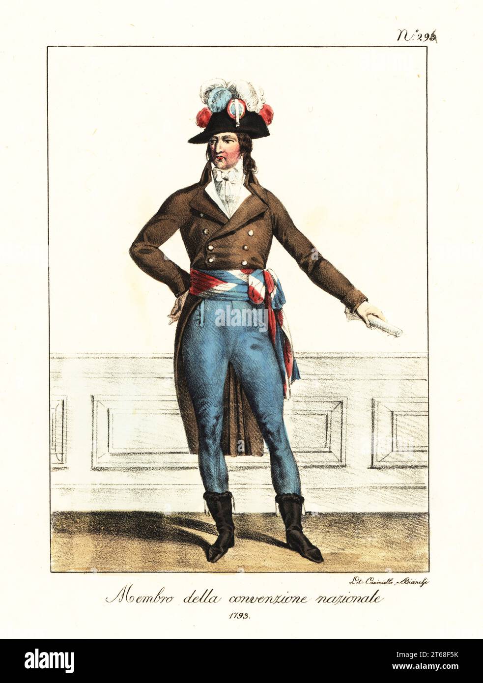 Costume of a Member of the National Convention, French Revolutionary era, 1793. In bicorne with tricolor plumes, brown coat, cravat, blue trousers, tricolor sash belt, calf-length boots. Membre de la Convention nationale. Handcoloured lithograph by Lorenzo Bianchi and Domenico Cuciniello after Hippolyte Lecomte from Costumi civili e militari della monarchia francese dal 1200 al 1820, Naples, 1825. Italian edition of Lecomtes Civilian and military costumes of the French monarchy from 1200 to 1820. Stock Photo