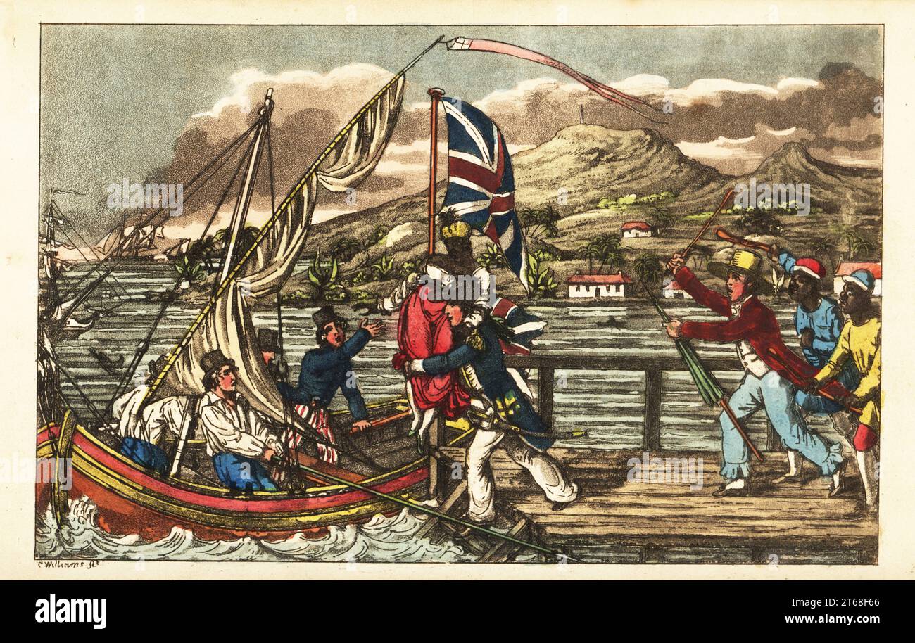 English Navy officer kidnapping an enslaved woman on Barbados Pier, pursued by her owner husband and plantation workers. Johnny running away with a planters wife AKA Barbadoes: Captain Newcome and Mrs. Sambo. Handcoloured copperplate engraving after an illustration by Charles Williams from John Mitfords Adventures of Johnny Newcome in the Navy, London, 1819. Stock Photo