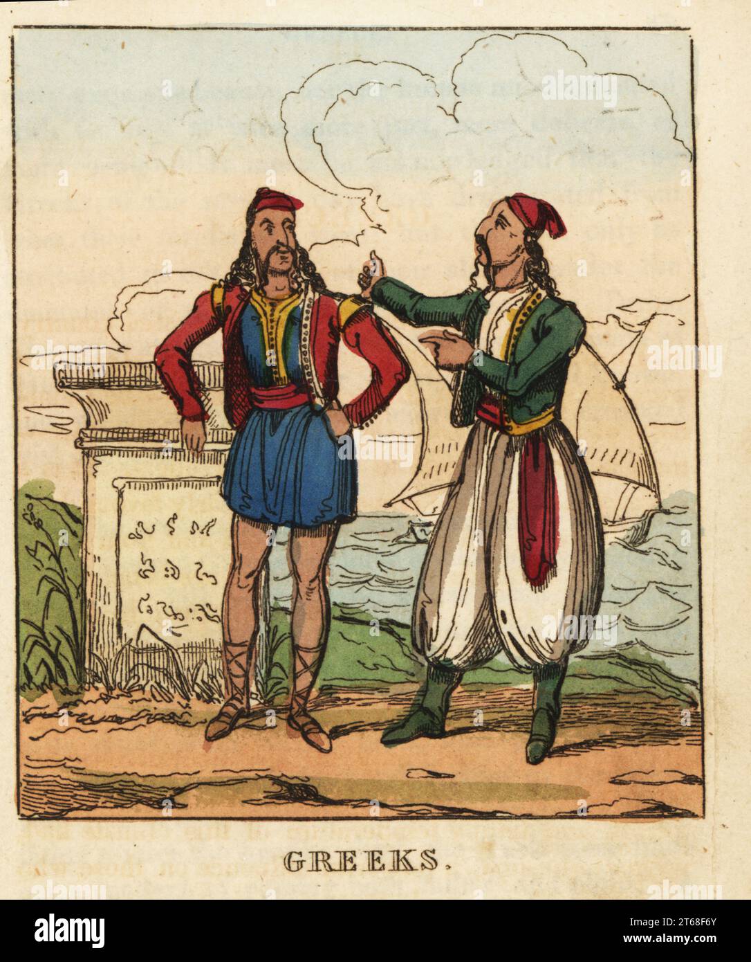 Costumes of Greek men under the Ottoman Empire, early 19th century. One in cap, embroidered vest, sash belt, foustanela or kilt and sandals, the other in harem pants and boots. Handcoloured copperplate engraving from The World in Miniature, or Panorama of the Costumes, Manners & Customs of All Nations, John Bysh, London, 1825. Stock Photo