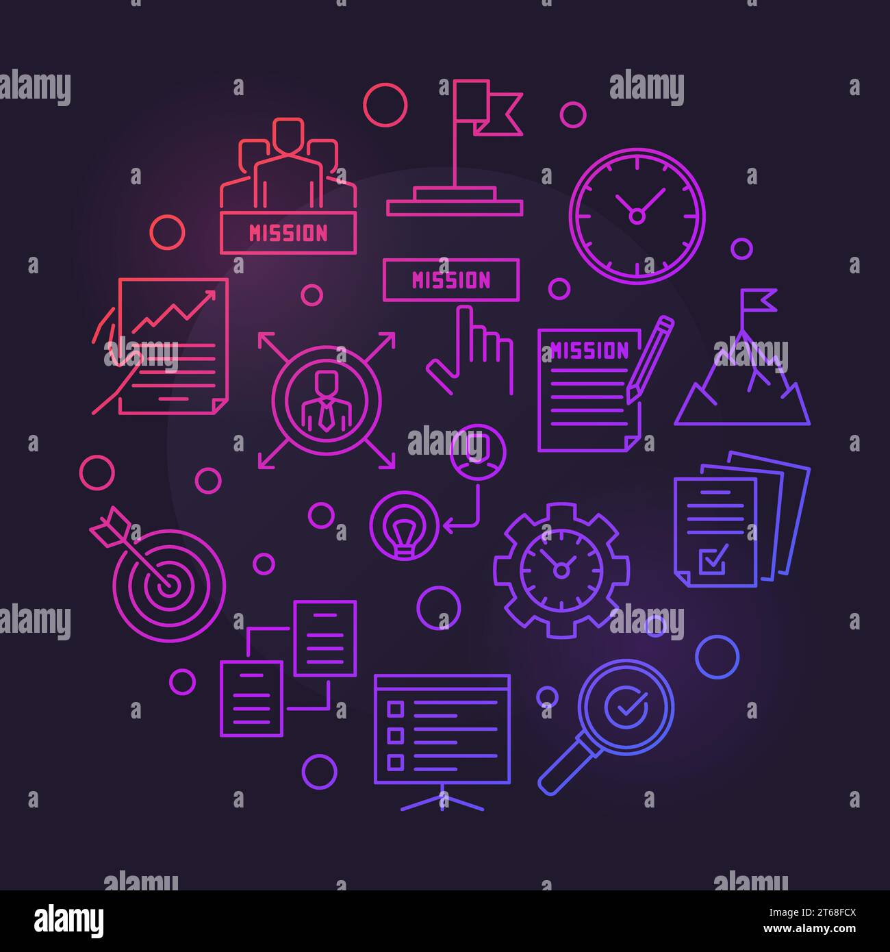 Mission vector round concept colored illustration in outine style on dark background Stock Vector