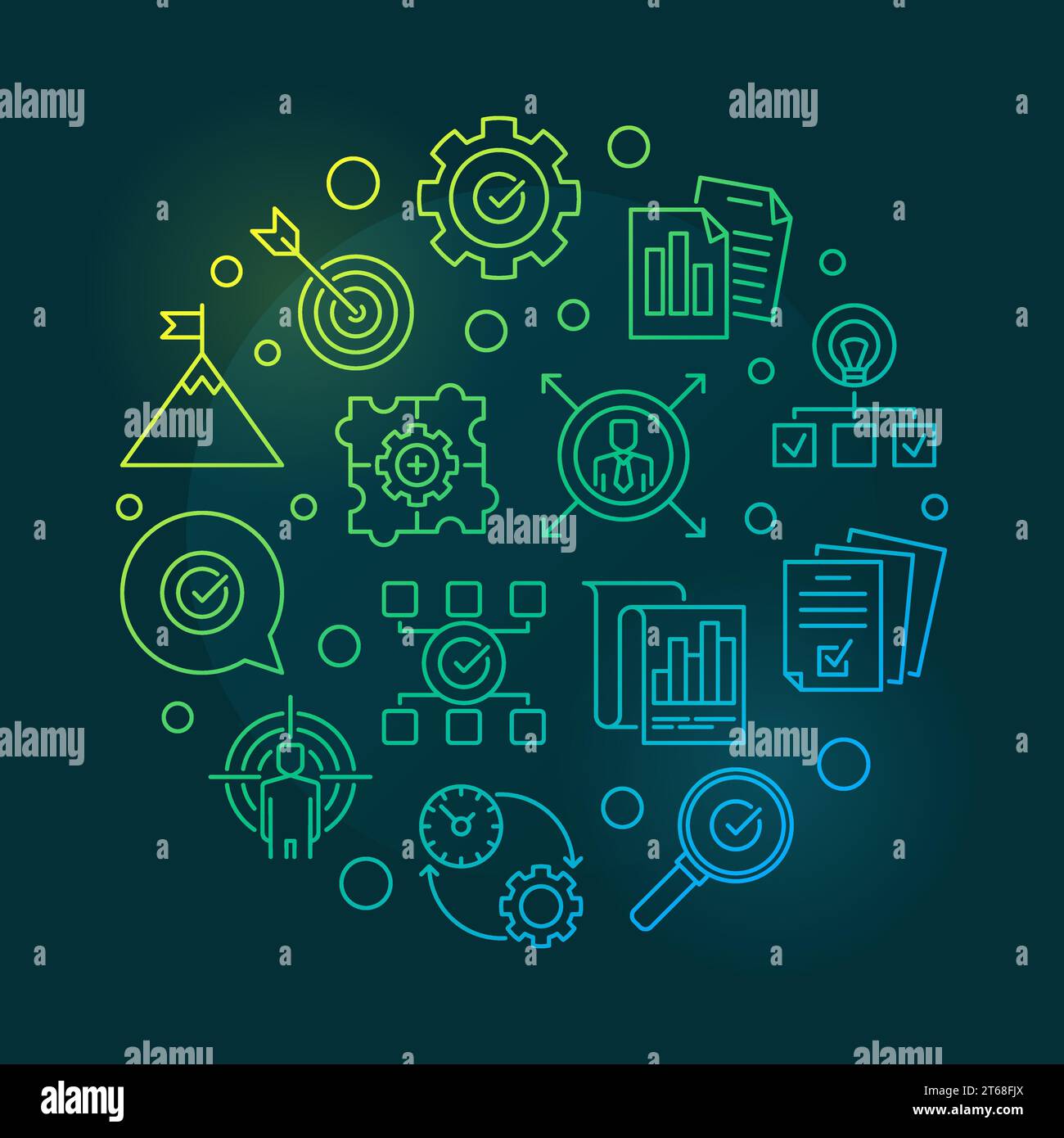 Vector business goals colored outline illustration on dark background ...