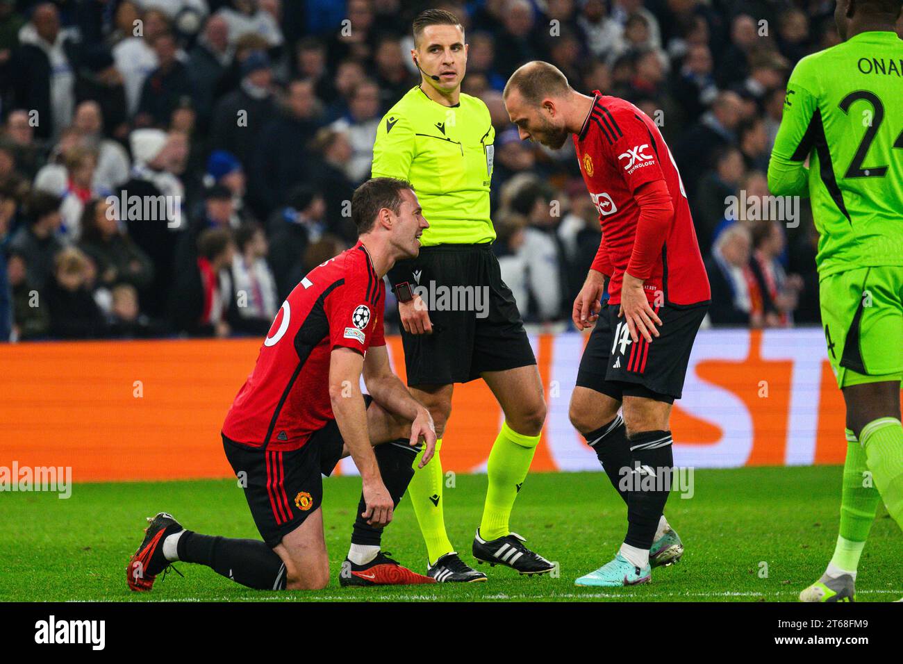 Copenhagen, Denmark. 08th Nov, 2023. Christian Eriksen (14) and Jonny Evans (35) of Manchester United seen during the UEFA Champions League match between FC Copenhagen and Manchester United at Parken in Copenhagen. (Photo Credit: Gonzales Photo/Alamy Live News Stock Photo