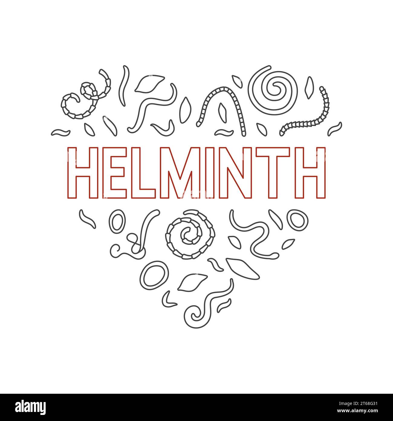 Helminth vector concept heart shaped minimal banner. Illustration with Ascariasis, Hookworms, Pinworms linear signs Stock Vector