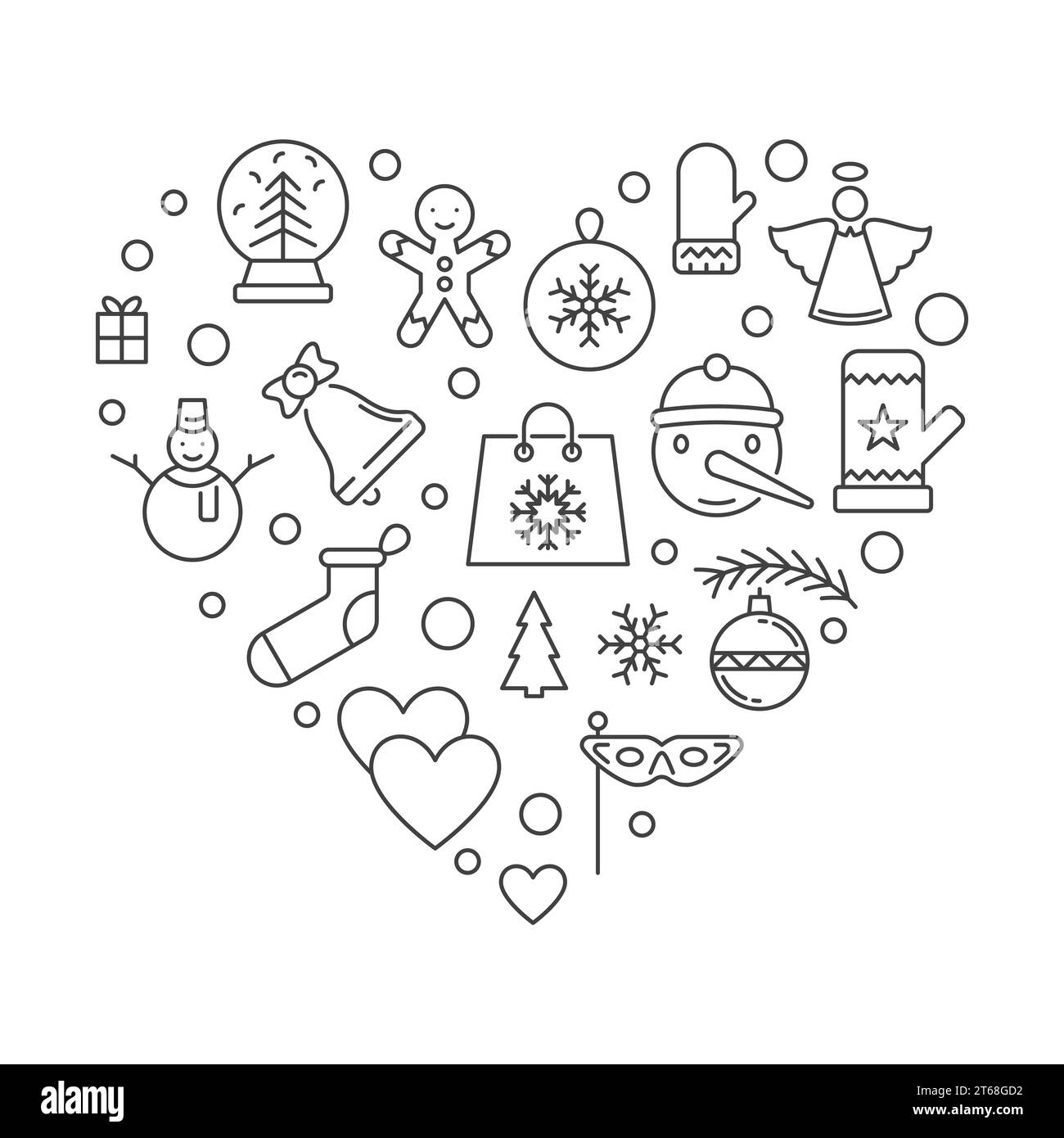 Christmas icons in heart shape. Vector Xmas simple illustration in thin ...