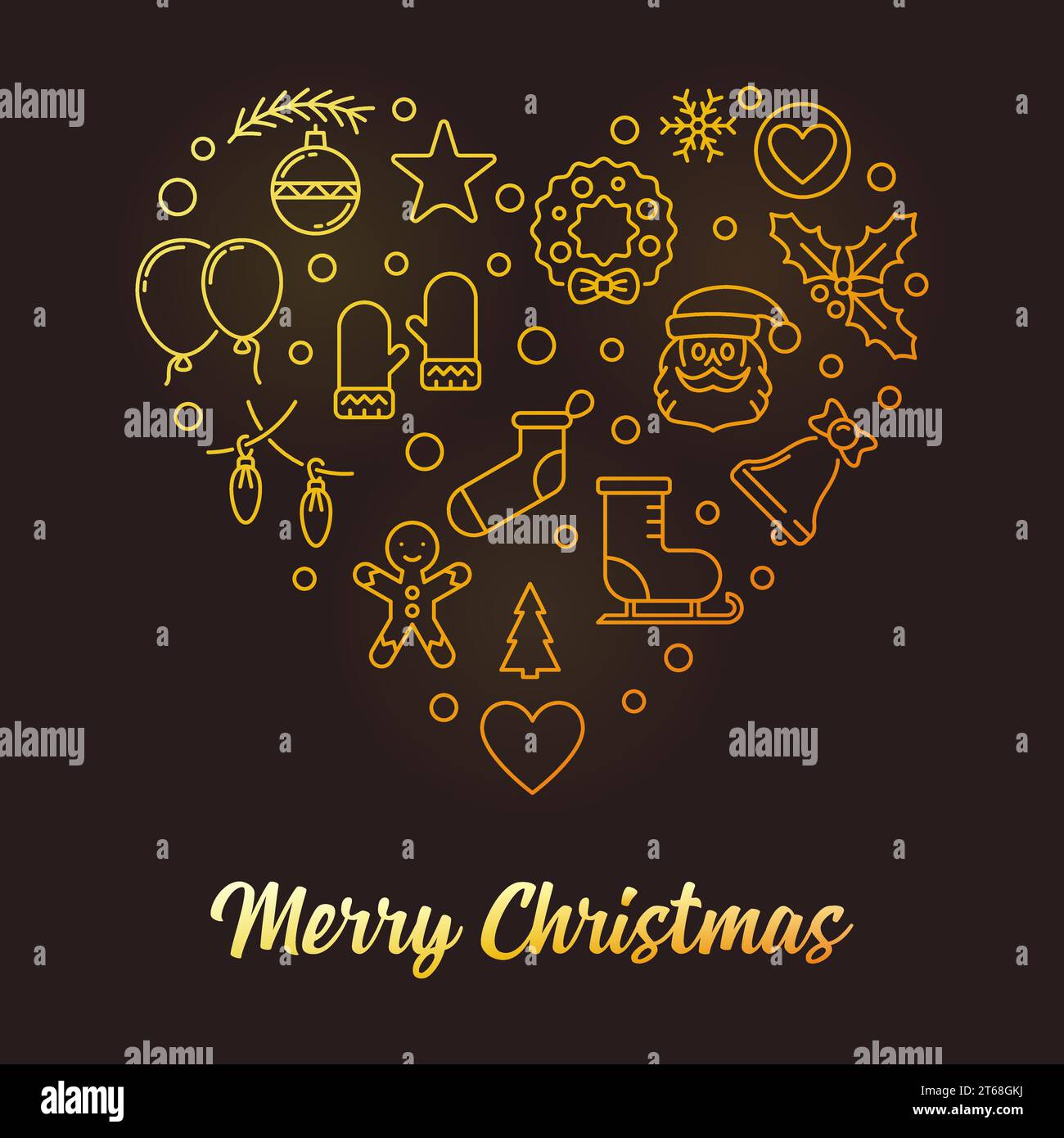 Merry Christmas Heart vector golden xmas illustration in outline style ...