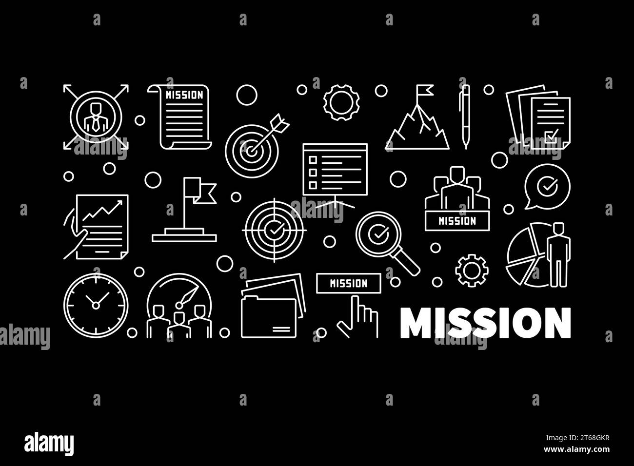 Mission Statement horizontal banner in thin line style - vector concept illustration on dark background Stock Vector