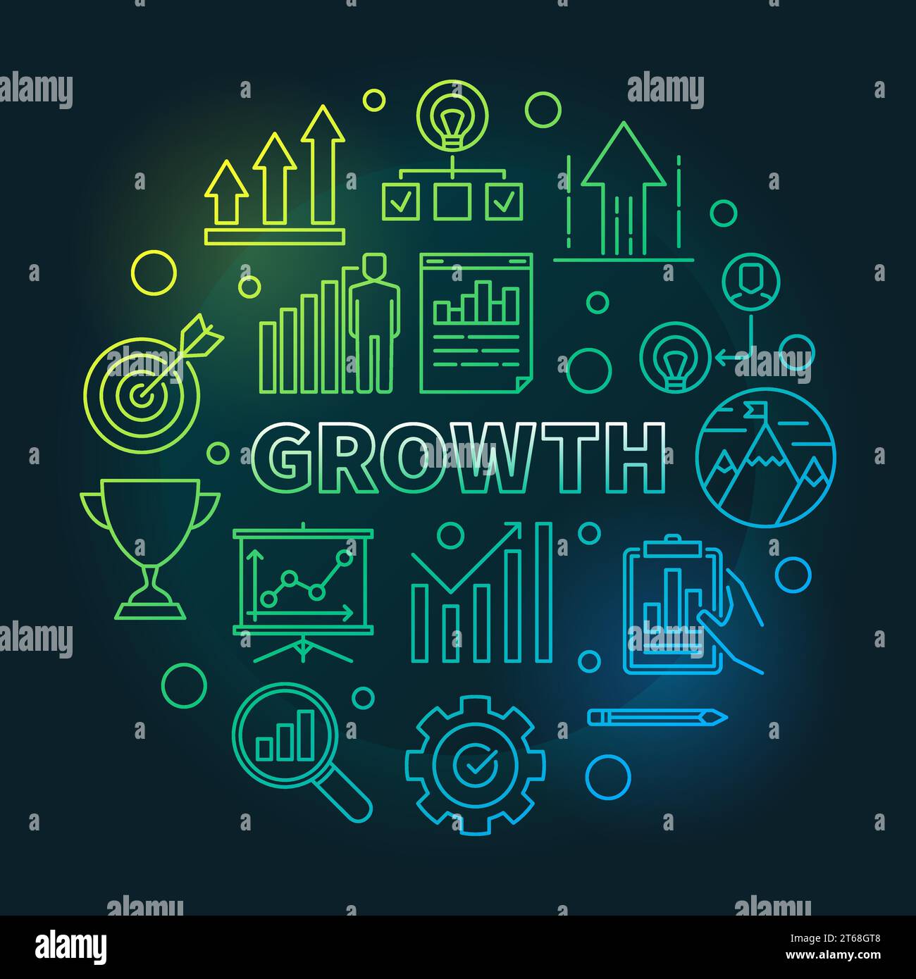 Growth vector circular colored outline round illustration on dark background Stock Vector