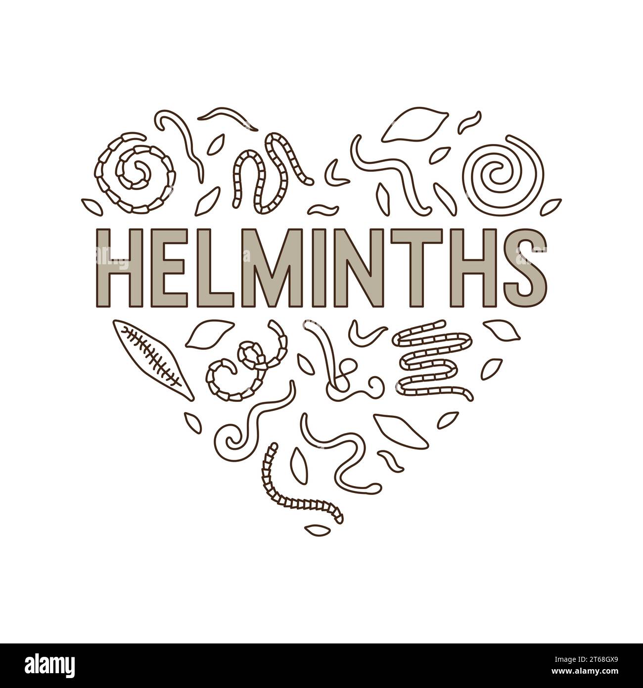 Parasitic worms - Helminths vector concept heart-shaped illustration. Banner in heart shape with Helminth outline icons Stock Vector