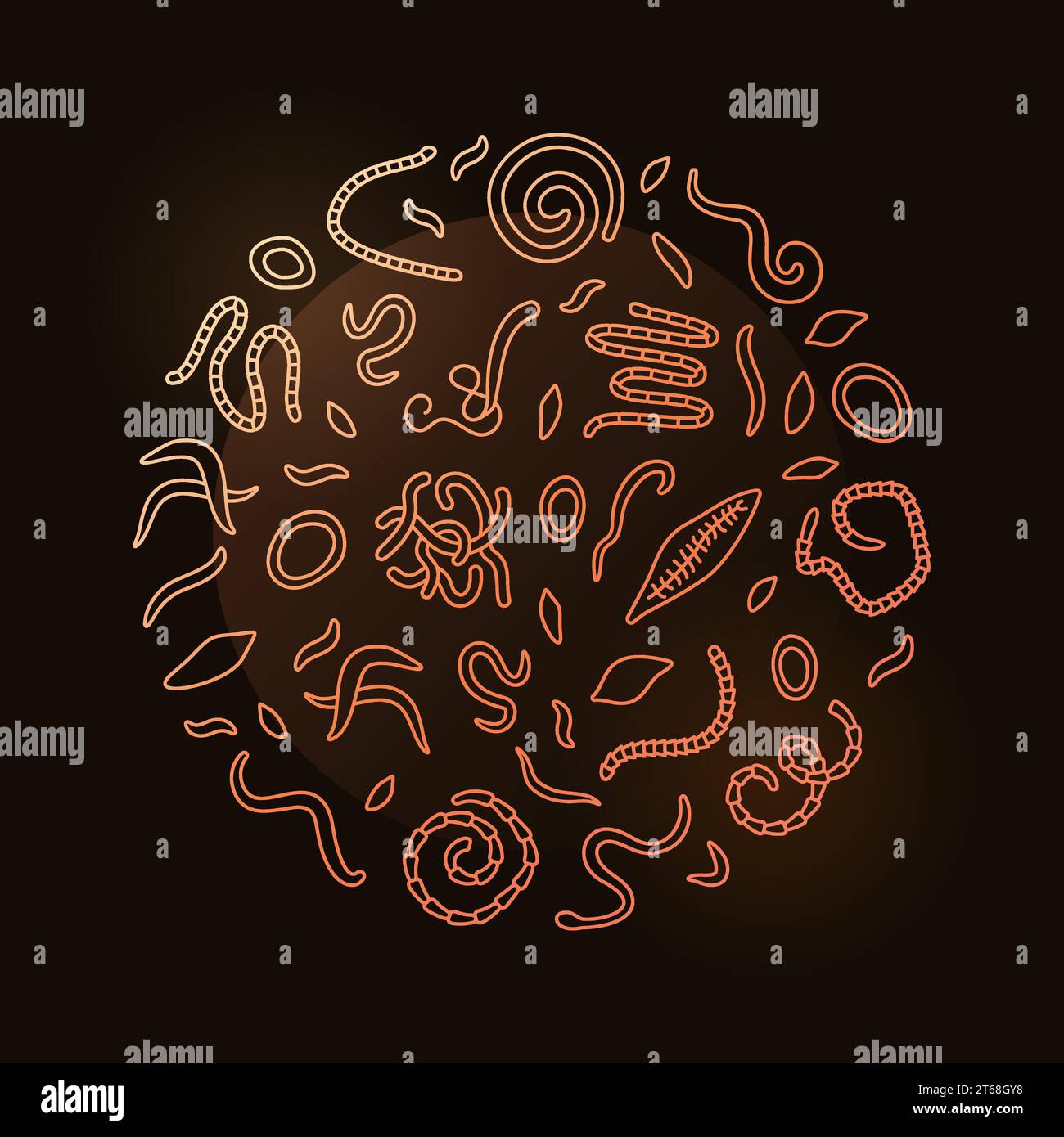 Circle shaped Banner with Helminth line signs - vector Helminths concept round colored illustration on dark background Stock Vector