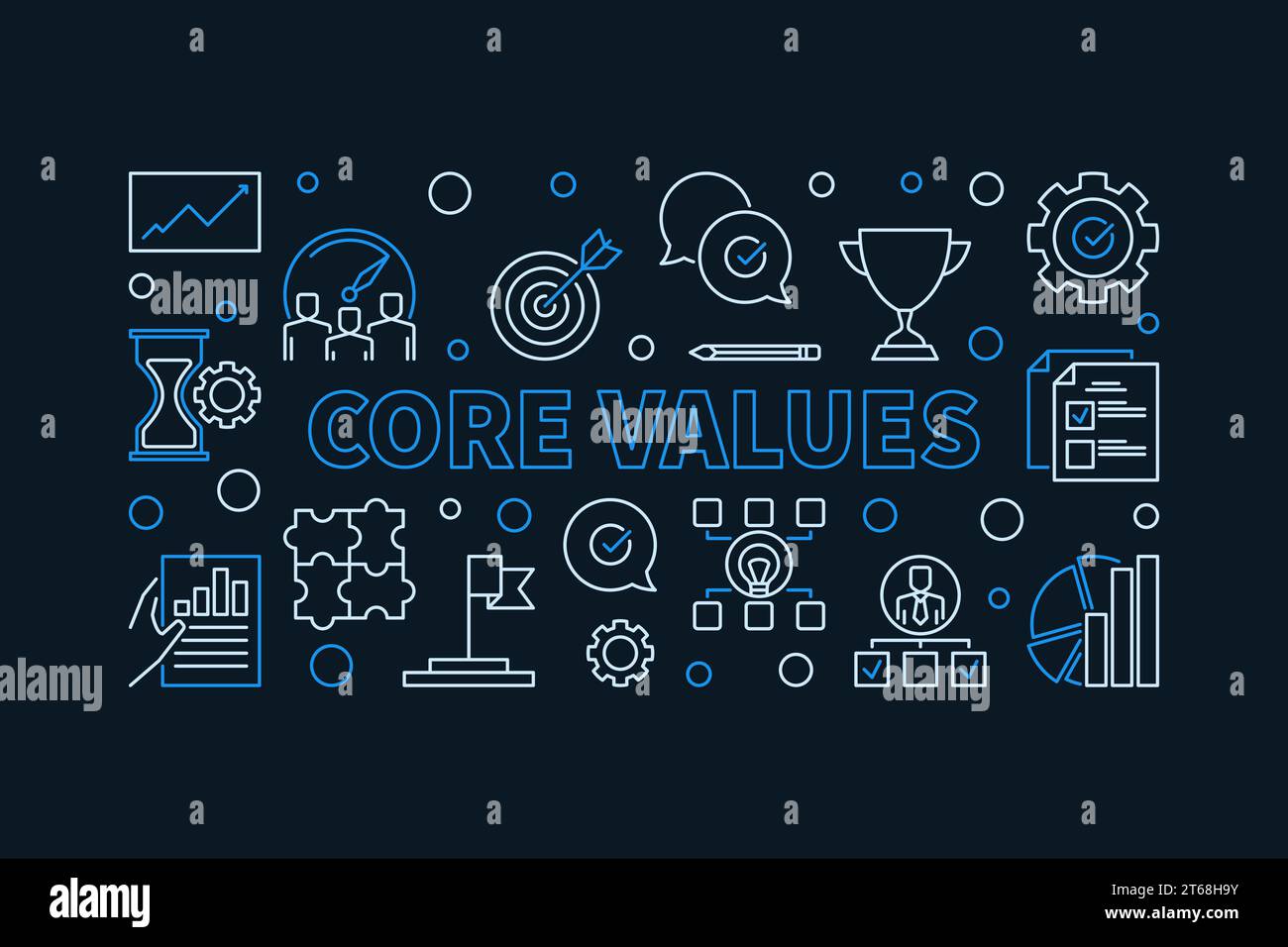 Vector Core Values horizontal concept linear simple illustration on dark background Stock Vector