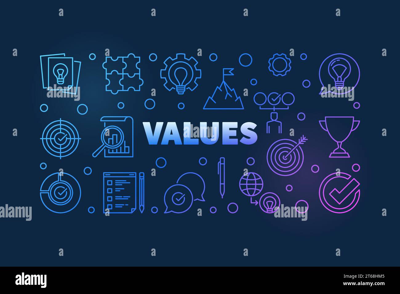 Values vector colored illustration or banner in thin line style on dark background Stock Vector