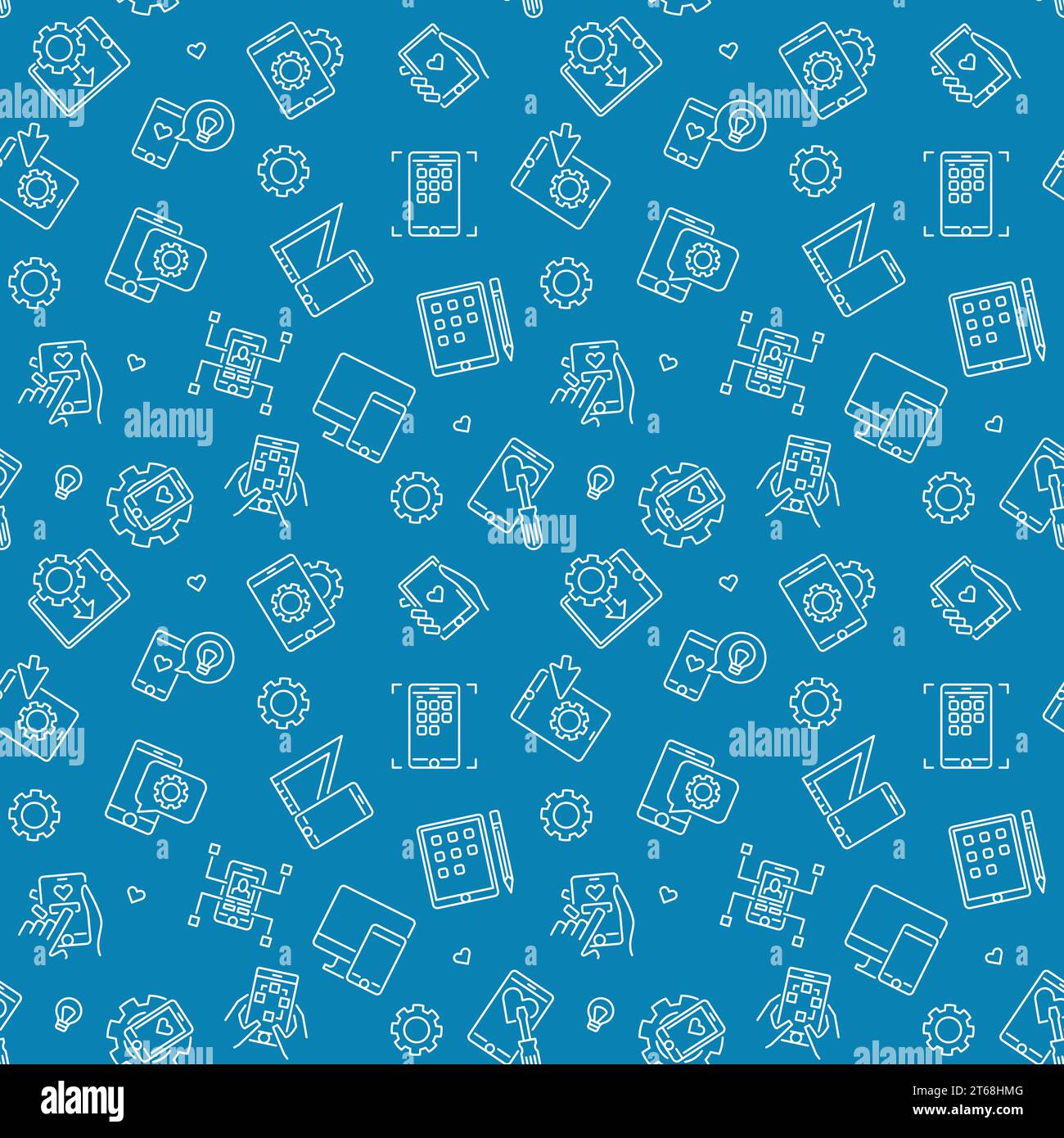 Vector App Development blue seamless pattern or background in thin line style Stock Vector