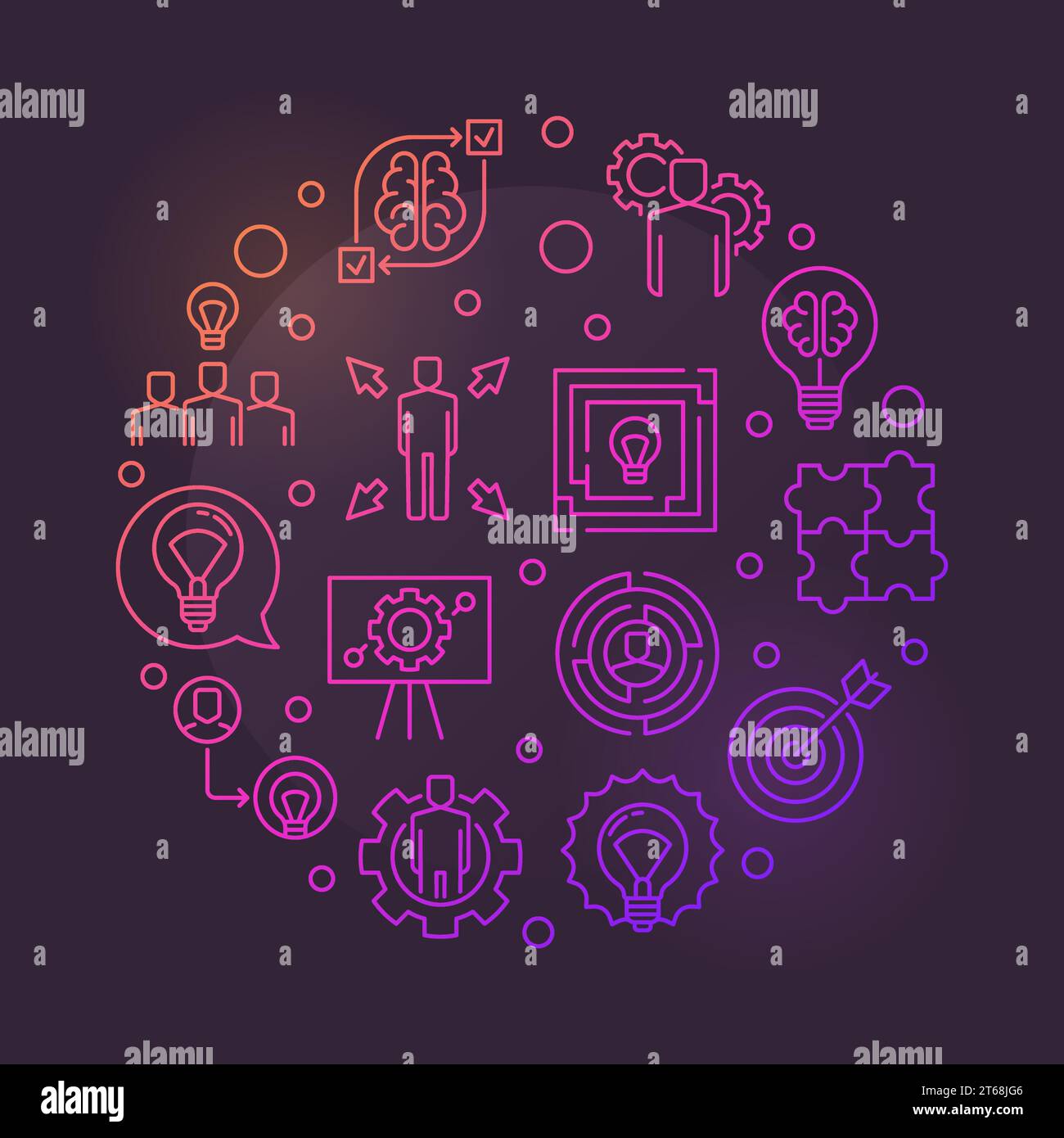 Business Solutions vector colored round thin line illustration on dark ...
