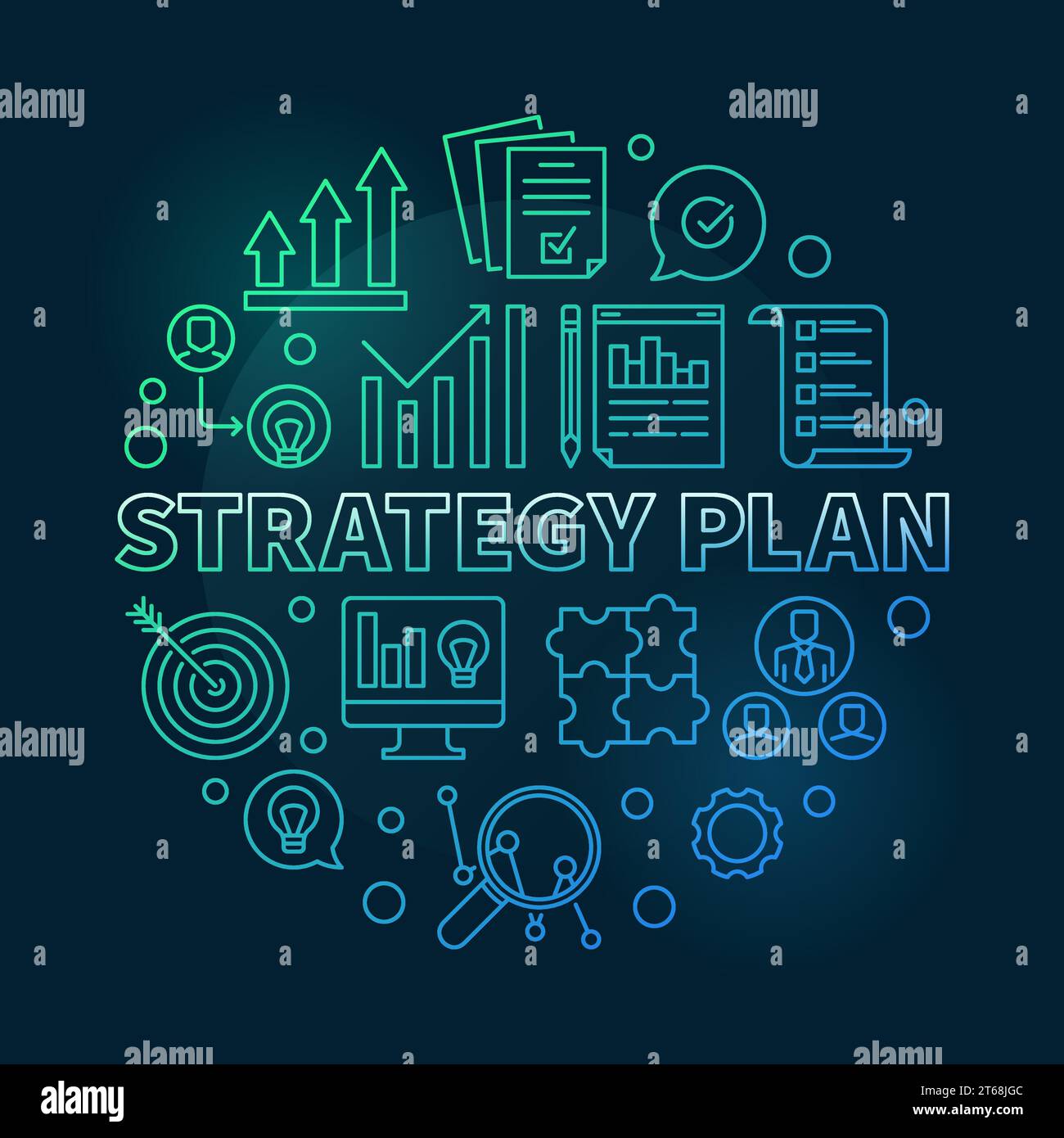 Strategy Plan vector circular colored illustration in linear style on dark background Stock Vector