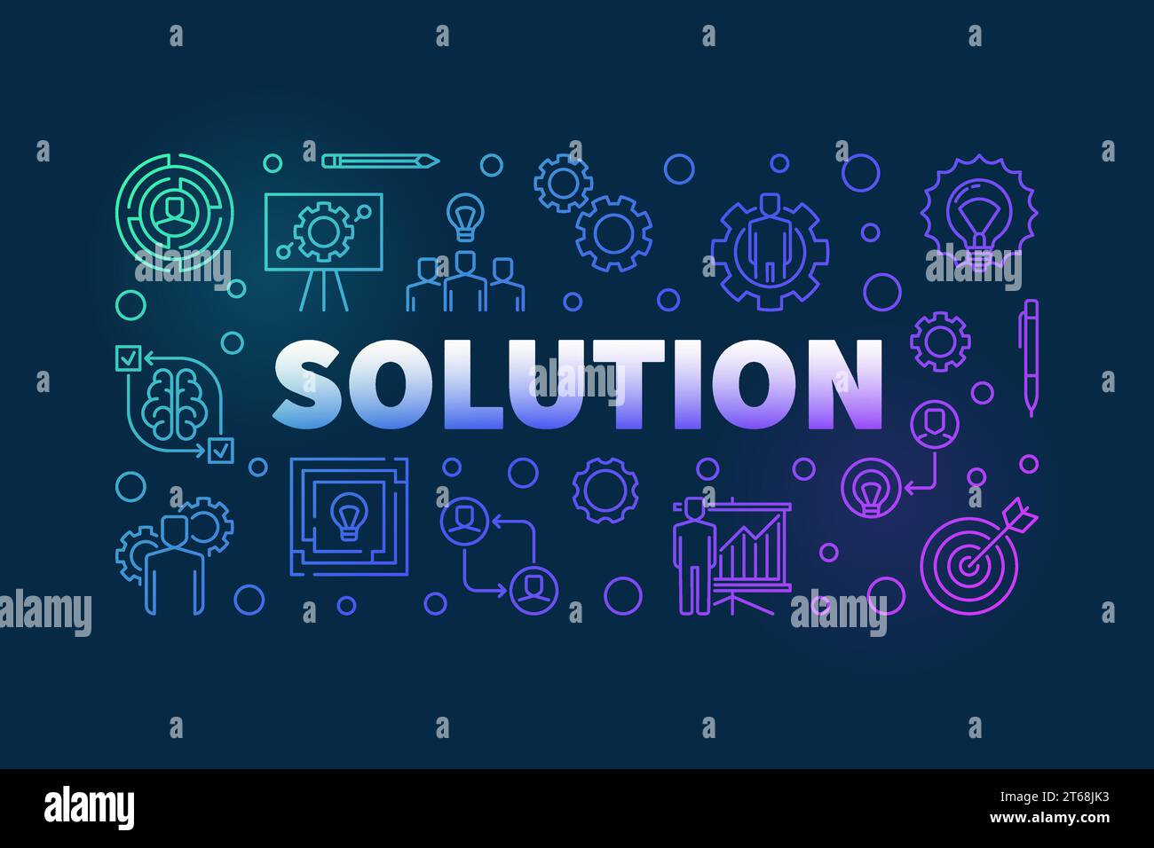 Solution vector colored banner or illustration in thin line style on dark background Stock Vector