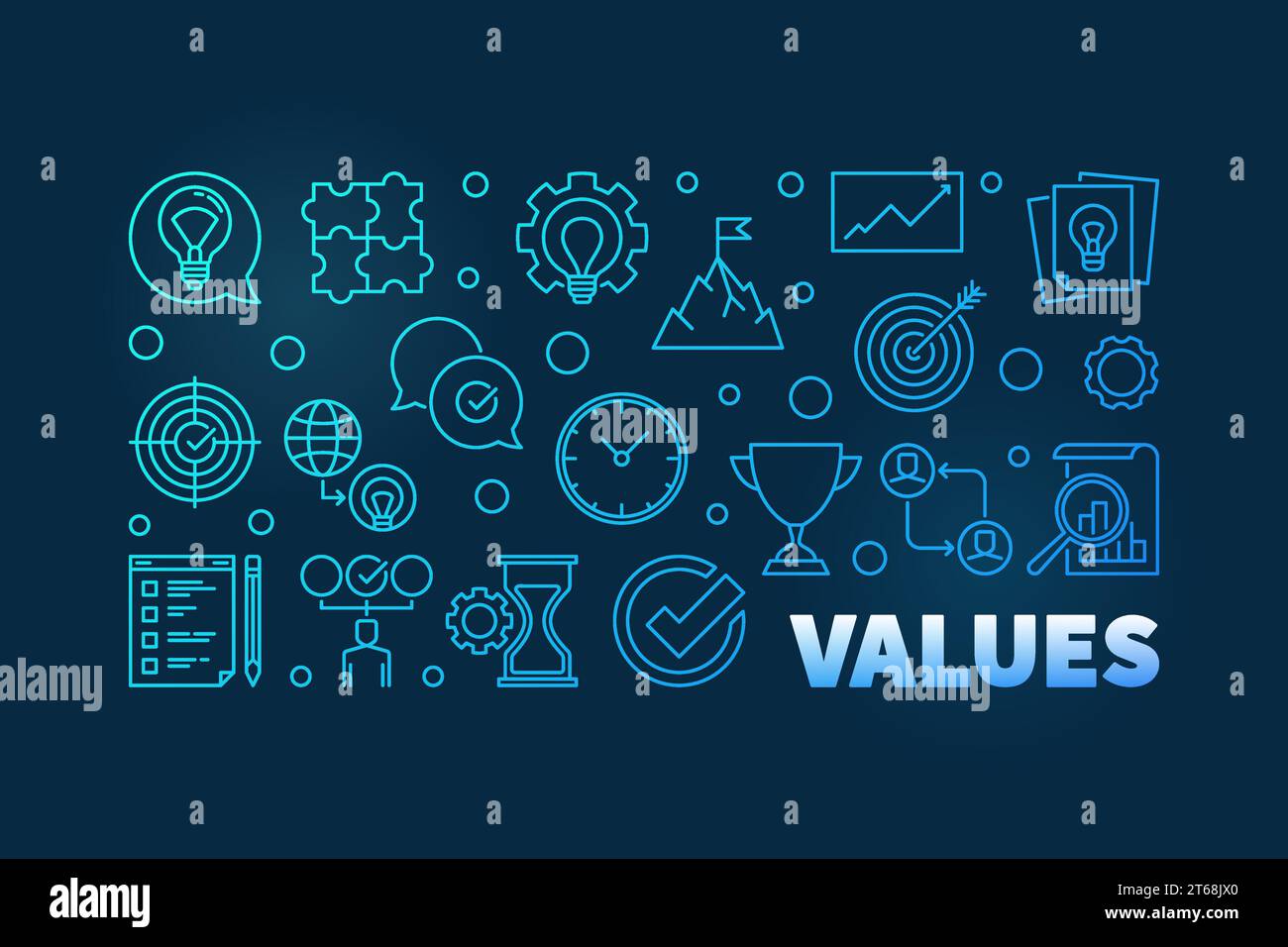 Values blue horizontal thin line banner or illustration on dark background Stock Vector