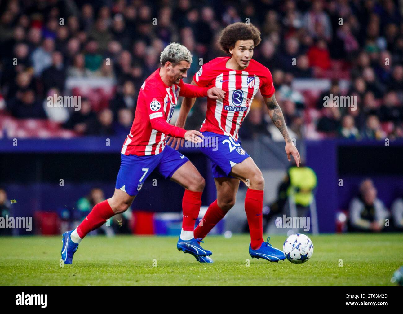 Madrid, Spain. 07th Nov, 2023. Axel Witsel of Atletico de Madrid with Antoine Griezmann of Atletico de Madrid during the UEFA Champions League match between Atletico Madrid v Celtic in Madrid, Spain, on November 7, 2023 Credit: BSR Agency/Alamy Live News Stock Photo