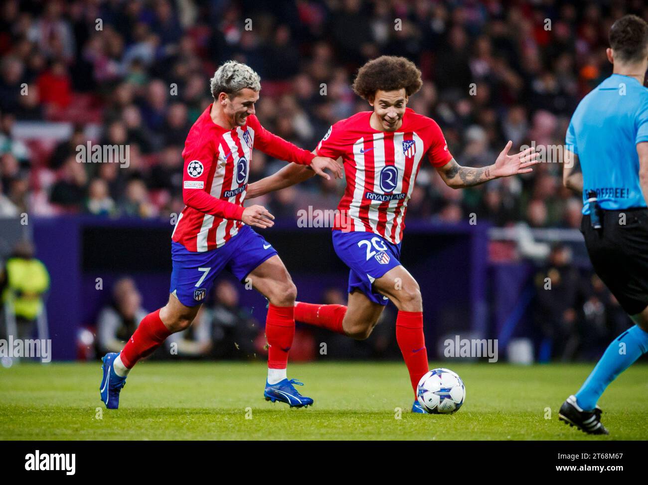 Madrid, Spain. 07th Nov, 2023. Axel Witsel of Atletico de Madrid with Antoine Griezmann of Atletico de Madrid during the UEFA Champions League match between Atletico Madrid v Celtic in Madrid, Spain, on November 7, 2023 Credit: BSR Agency/Alamy Live News Stock Photo