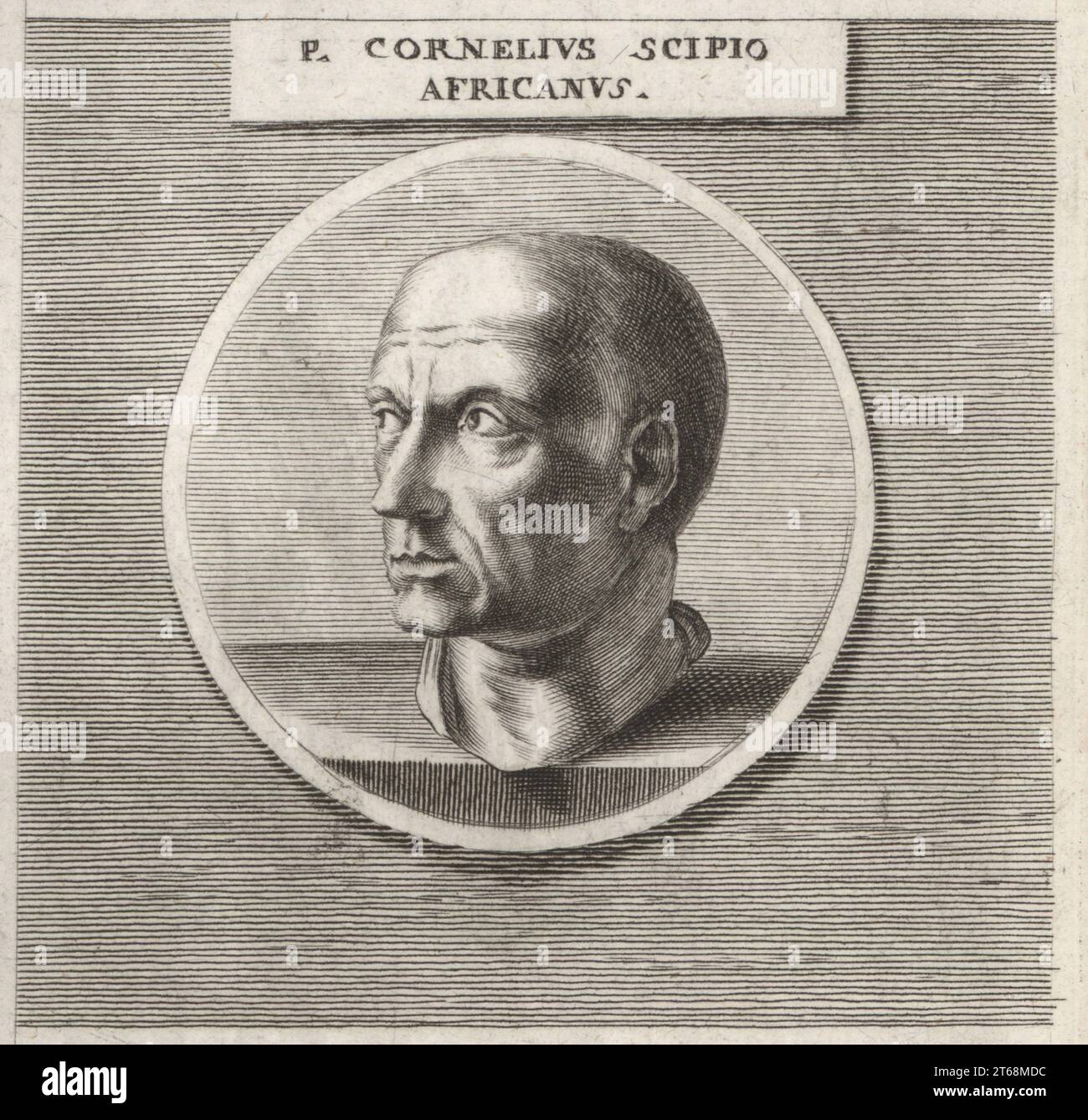 Publius Cornelius Scipio Africanus, Roman general and politician, 236-183 BC. Led Rome to victory against Carthage in the Second Punic War and defeated Hannibal at the Battle of Zama in 202 BC. P. Cornelius Scipio Africanus. Copperplate engraving after an illustration by Joachim von Sandrart from his LAcademia Todesca, della Architectura, Scultura & Pittura, oder Teutsche Academie, der Edlen Bau- Bild- und Mahlerey-Kunste, German Academy of Architecture, Sculpture and Painting, Jacob von Sandrart, Nuremberg, 1675. Stock Photo