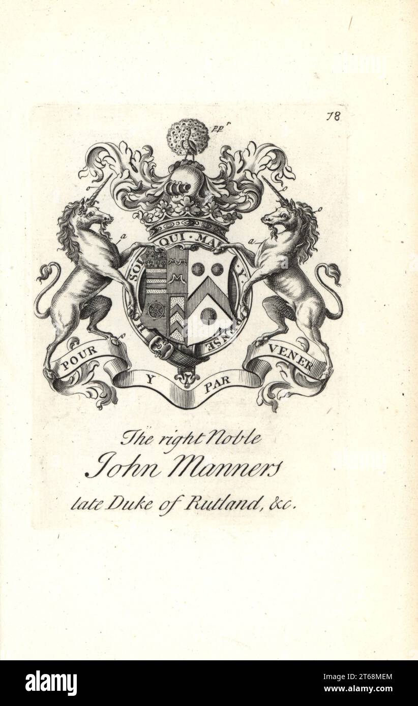 Coat of arms and crest of the right noble John Manners, 2nd Duke of Rutland, 1676-1721. Copperplate engraving by Andrew Johnston after C. Gardiner from Notitia Anglicana, Shewing the Achievements of all the English Nobility, Andrew Johnson, the Strand, London, 1724. Stock Photo