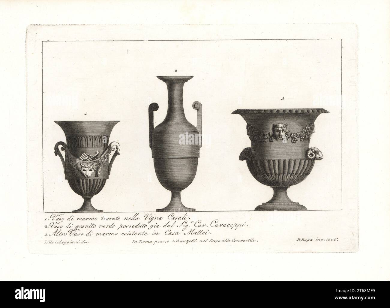 Marble vase decorated with cowskin and pan pipes found near the Vigna Casali, Casali vineyard, 1, granite vase owned by sculptor Bartolomeo Cavaceppi 2, and marble vase from the Casa Mattei 3. Copperplate engraving by Pietro Ruga after an illustration by Lorenzo Rocceggiani from his own 100 Plates of Costumes Religious, Civil and Military of the Ancient Egyptians, Etruscans, Greeks and Romans, Franzetti, Rome, 1802. Stock Photo