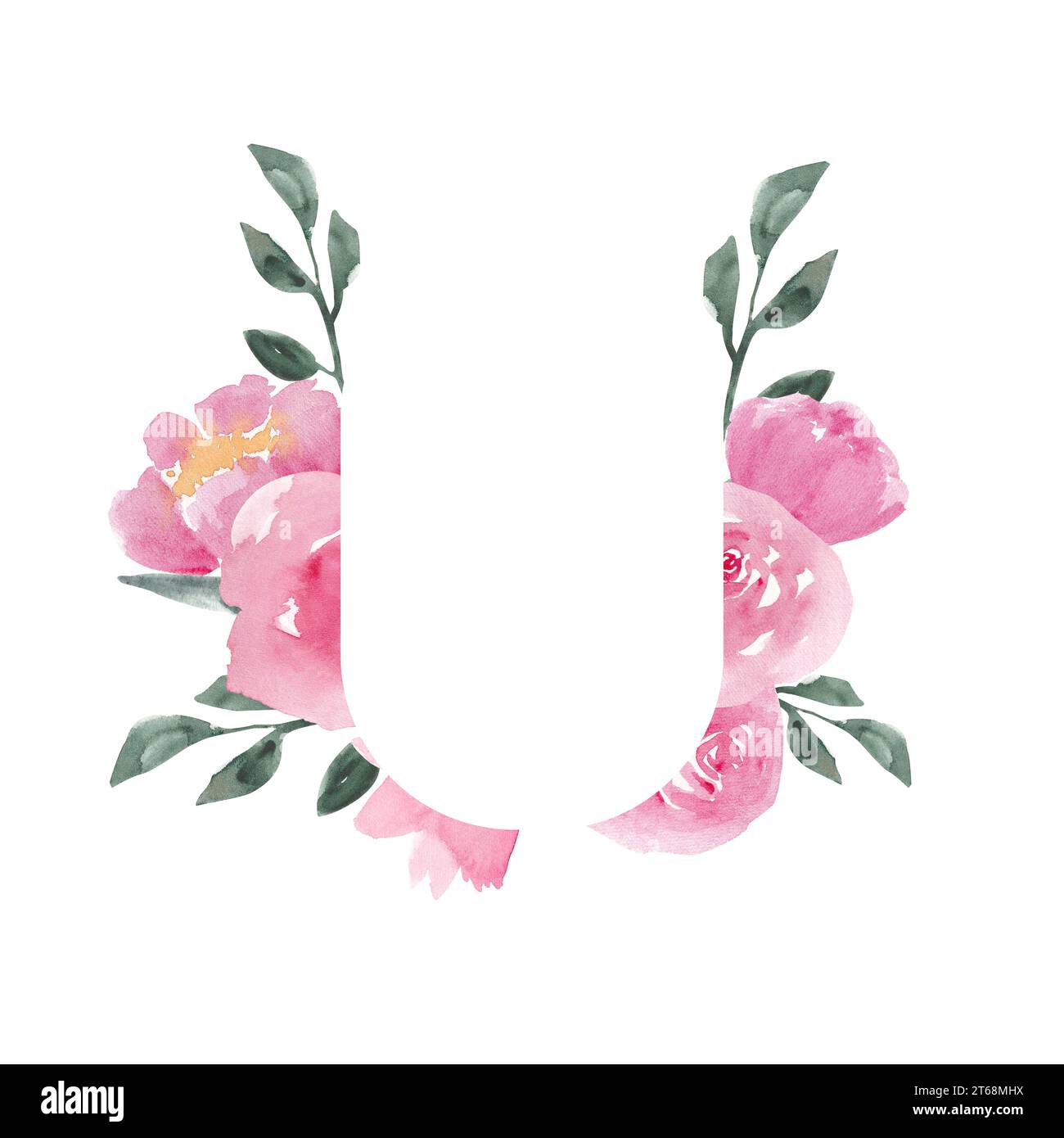 Pastel floral border in loose watercolor style with roses and peonies. Flower frame isolated on white background, banner, wedding invitation, greeting Stock Photo