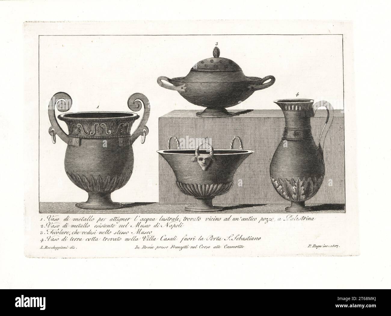 Metal vase used to draw holy water, found near an ancient well in Palestrina 1, vase 2 and hearth or focolare 3 from the Museo Napoli, and terracotta vase from the Villa Casali near the Porta San Sebastiano 4. Copperplate engraving by Pietro Ruga after an illustration by Lorenzo Rocceggiani from his own 100 Plates of Costumes Religious, Civil and Military of the Ancient Egyptians, Etruscans, Greeks and Romans, Franzetti, Rome, 1802. Stock Photo