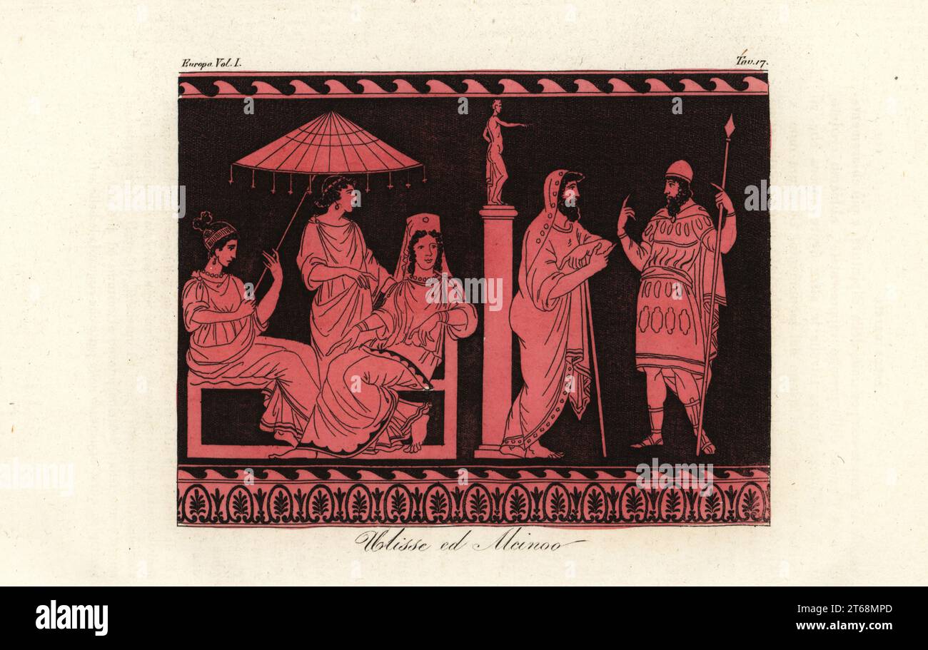 Odysseus entertained by Alcinous, ruler of the Phaiacians on the island of Scheria. Alcinous wife Arete and daughter Nausicaa listen while seated under a Thessalian-style umbrella. Odysseus wears a cap, mantle and tunic embroidered by Nausicaa. From an ancient vase depicted by Pierre-Francois Hugues dHancarville. Ulisse ed Alcinoo. Handcoloured copperplate engraving from Giulio Ferrarios Costumes Ancient and Modern of the Peoples of the World, Il Costume Antico e Moderno, Florence, 1842. Stock Photo