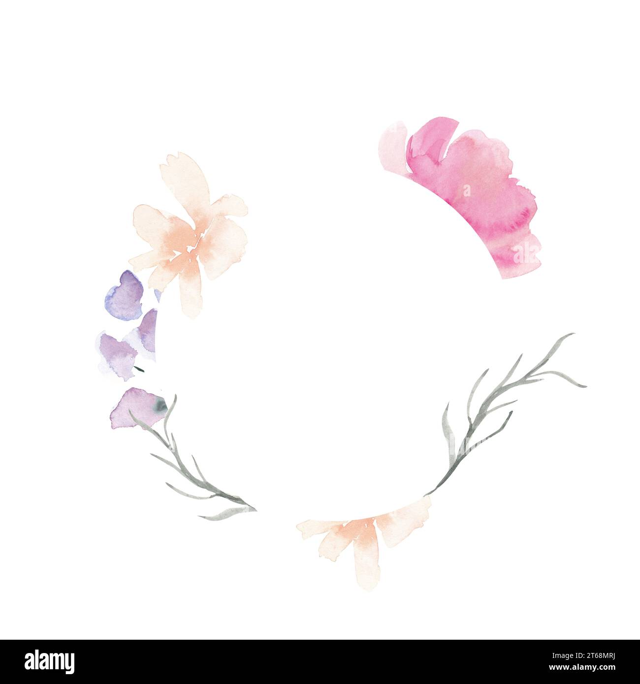 Pastel pink floral border in loose watercolor style with peony, daisies and hyacinth. Flower frame banner, wedding invitation, greeting card, shower Stock Photo
