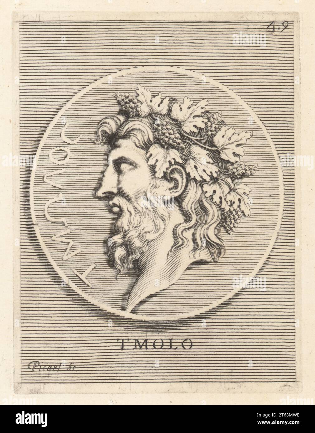 Tmolus, mythical Greek king of Lydia, husband of Omphale, and/or father of Tantalus. Bearded head crowned with vine leaves and grapes. From a bronze coin owned by Cardinal Camillo Massimo. Tmolo. Copperplate engraving by Etienne Picart after Giovanni Angelo Canini from Iconografia, cioe disegni d'imagini de famosissimi monarchi, regi, filososi, poeti ed oratori dell' Antichita, Drawings of images of famous monarchs, kings, philosophers, poets and orators of Antiquity, Ignatio deLazari, Rome, 1699. Stock Photo