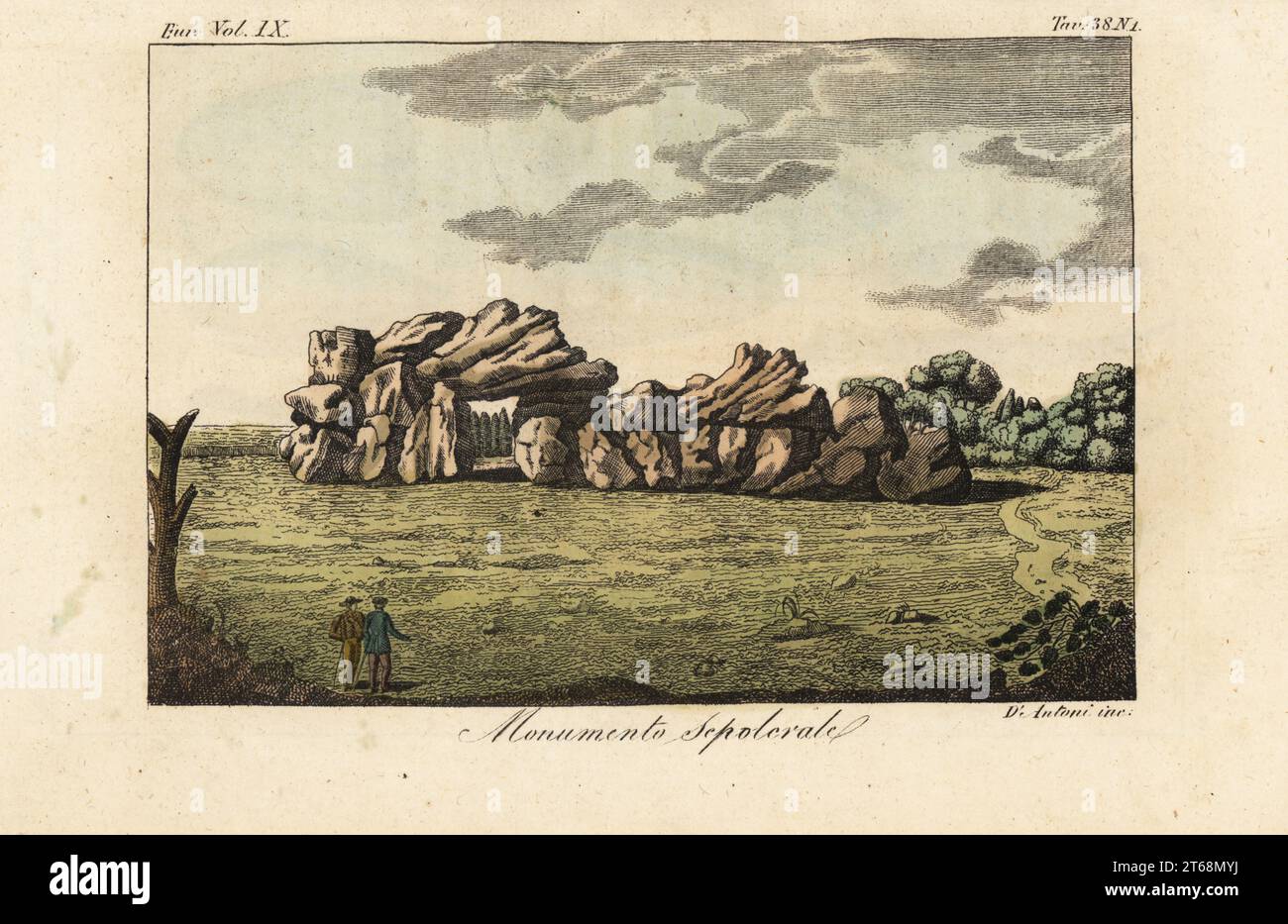 Ancient sepulchral monument in Germany. Stone megalith structure of the ancient Germanic people. Monumento Sepolcrale. Handcoloured copperplate engraving by Antoni from Giulio Ferrarios Costumes Ancient and Modern of the Peoples of the World, Il Costume Antico e Moderno, Florence, 1837. Stock Photo