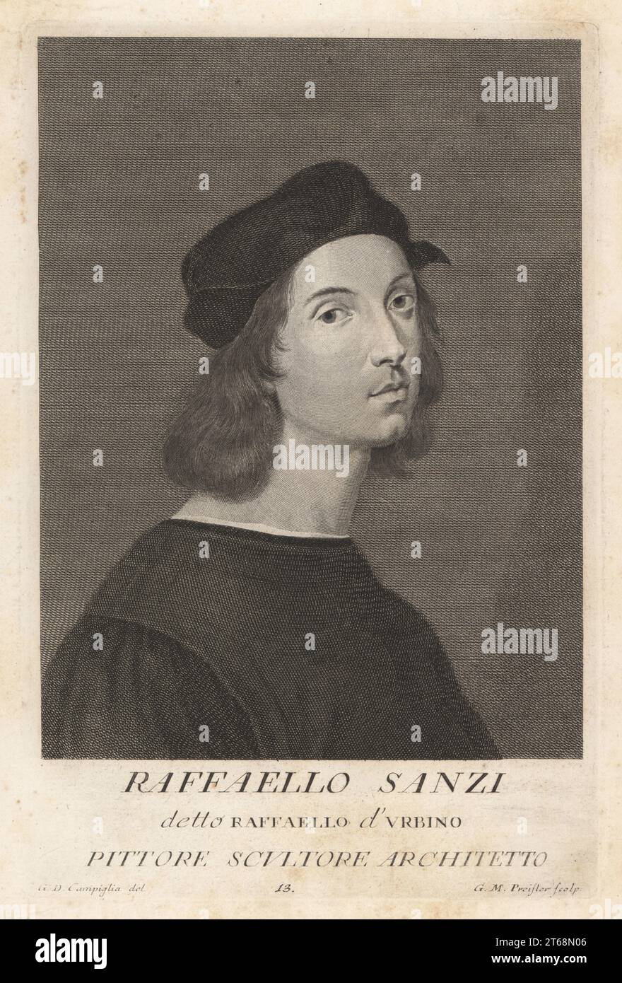 Raffaello Sanzi da Urbino, better known as Raphael, Italian painter and architect of the High Renaissance, 1483-1520. Young man in cap and gown. Raffaello d'Urbino, Pittore, Architetto. Copperplate engraving by Georg Martin Preissler after Giovanni Domenico Campiglia after a self portrait by the artist from Francesco Moucke's Museo Florentino (Museum Florentinum), Serie di Ritratti de Pittori (Series of Portraits of Painters) stamperia Mouckiana, Florence, 1752-62. Stock Photo