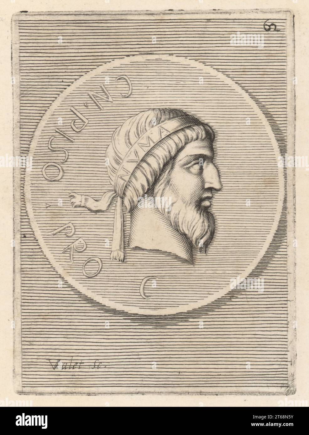 Numa Pompilius, legendary second King of Rome, of Sabine origin from Cures, c. 753-672 BC. Head of bearded man wearing a royal diadem with the letters NVMA from a bronze coin. Numa Pomilio, Secondo Re de Romani. Copperplate engraving by Guillaume Vallet after Giovanni Angelo Canini from Iconografia, cioe disegni d'imagini de famosissimi monarchi, regi, filososi, poeti ed oratori dell' Antichita, Drawings of images of famous monarchs, kings, philosophers, poets and orators of Antiquity, Ignatio deLazari, Rome, 1699. Stock Photo