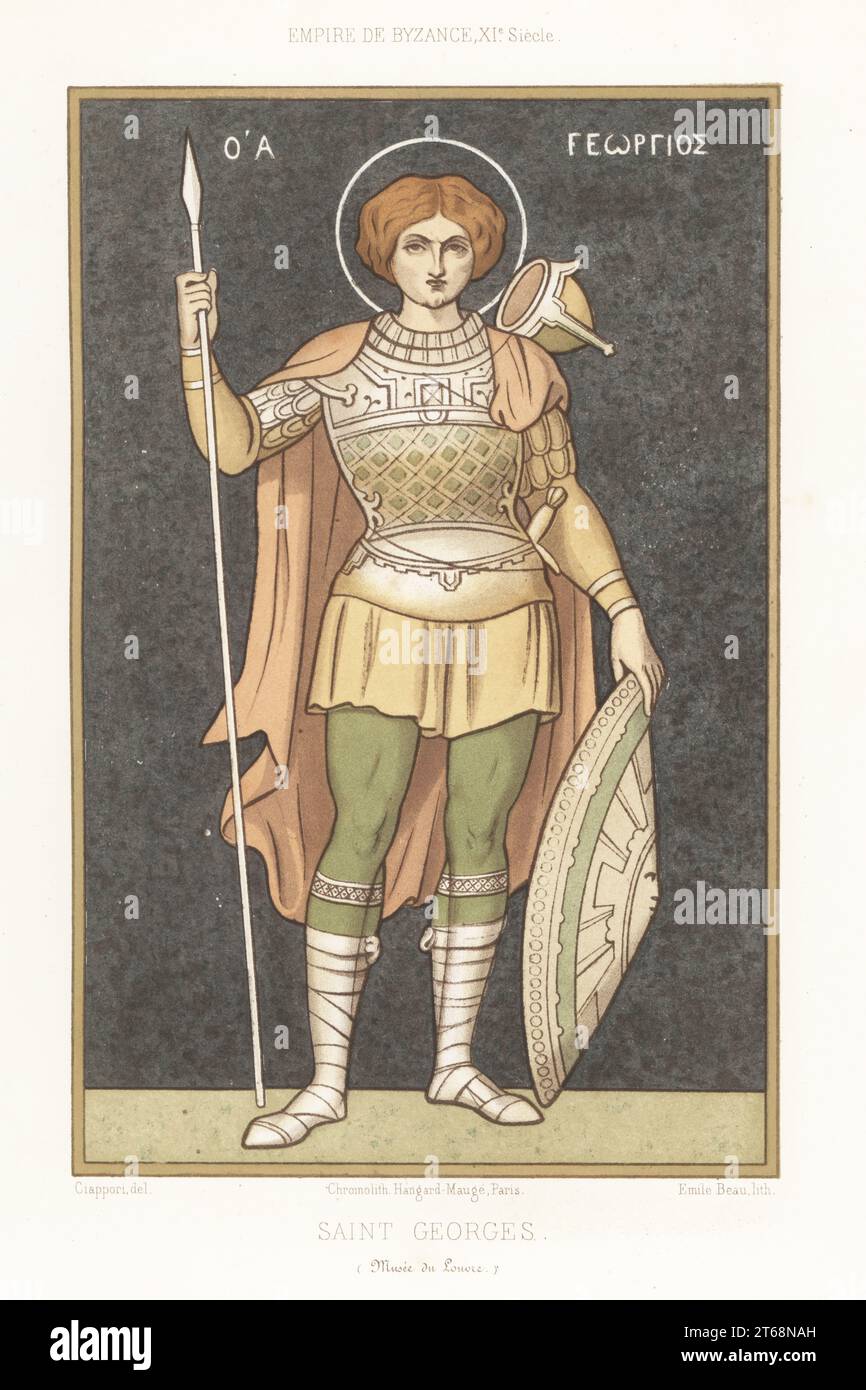 Saint George, or George of Lydda, Christian saint and martyr, died 303.. In Byzantine military costume of the 11th century. From a painting by Dominique Papety made in the Agia Lavra Monastery, Mt. Athos, now in the Louvre. Saint Georges, Empire de Byzance, XIe siecle. Chromolithograph by Emile Beau after an illustration by Claudius Joseph Ciappori from Charles Louandres Les Arts Somptuaires, The Sumptuary Arts, Hangard-Mauge, Paris, 1858. Stock Photo
