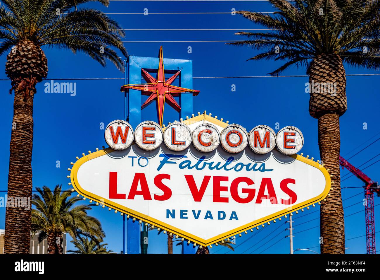 Our Famous Sign The famous sign of Las Vegas and a blue sky of the city of sin in the ...