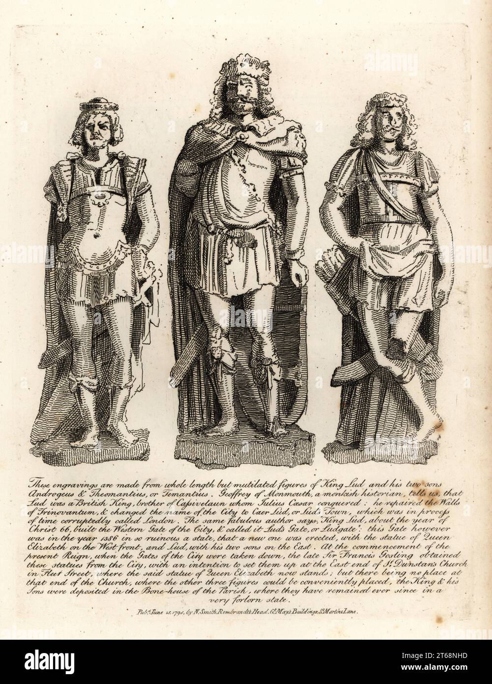 British King Lud and his sons Angrogeus and Theomantius (Temantius), repairer of the walls of Trinovantum, later Caer Lud or Luds Town, 66AD. Copperplate engraving by John Thomas Smith after original drawings by members of the Society of Antiquaries from his J.T. Smiths Antiquities of London and its Environs, J. Sewell, R. Folder, J. Simco, London, 1795. Stock Photo