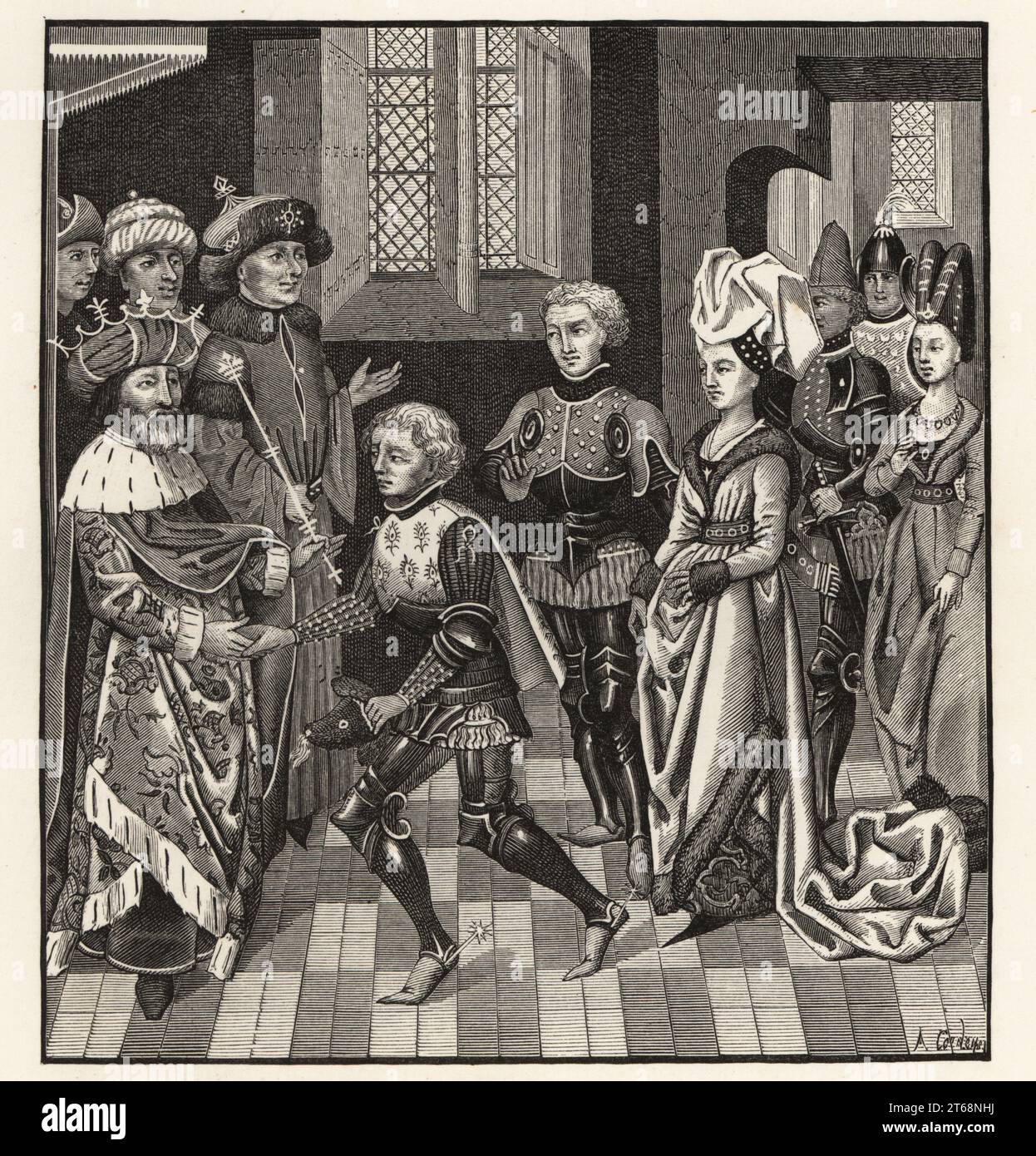 Walter sans Avoir, lord of Boissy-sans-Avoir, received by the King of Hungary, and given permission to cross his lands with the Crusasing army. From a miniature in a 15th century manuscript lHistoire des empereurs. Gautier sans Avoir est recu par le roi de Hongrie, qui lui permet de traverser ses Etats avec larmee des croises. Woodcut by A. Cordeau from Paul Lacroixs La Vie Militaire et Religieuse au Moyen Age et a lEpoque de la Renaissance, Military and Religious Life in the Middle Ages and the Renaissance, Paris, 1873. Stock Photo