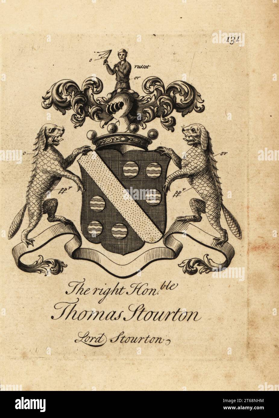 Coat of arms of the Right Honourable Thomas Stourton, 14th Baron Stourton, 16671744. Copperplate engraving by Andrew Johnston after C. Gardiner from Notitia Anglicana, Shewing the Achievements of all the English Nobility, Andrew Johnson, the Strand, London, 1724. Stock Photo