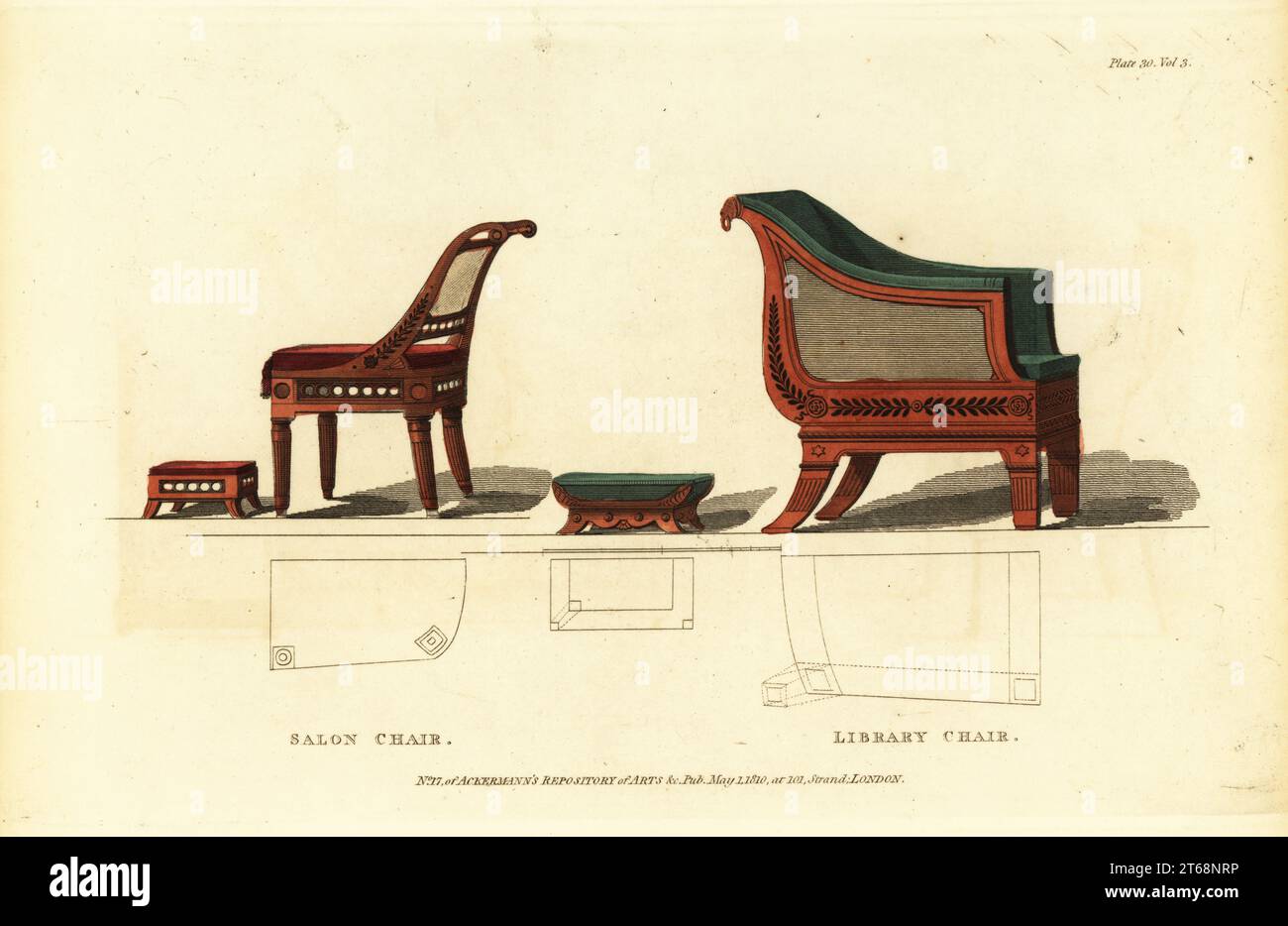 Salon chair and library chair, 1810. The Roman chair and footrest are ideal for the saloon, in carved or gilt mahogany, The library chair comes with matching Grecian footstool. Handcoloured copperplate engraving from The Upholsterer's and Cabinet-Maker's Repository consisting of seventy-six designs of modern and fashionable furniture, Rudolph Ackermann, London, 1830. Stock Photo