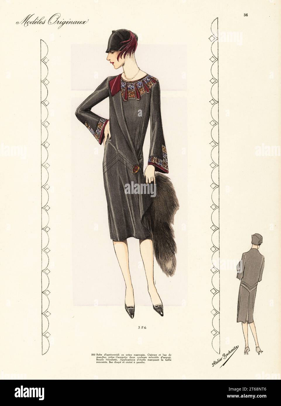 Afternoon dress of grey Moroccan crepe, collar and cuffs in two-colour crepe Georgette embroidered in silver. Cloche hat with feather. Toilette d'apres-midi en crepe marocain. Handcoloured lithograph from Beaux-Arts des Modes: Modeles Originaux, Hiver 1928 (Fashions of Fine Arts: Original Models, Winter 1928), Publisher Chic Parisien, Atelier Bachwitz, Paris, Volume 6, Number VII, November 1927. Stock Photo