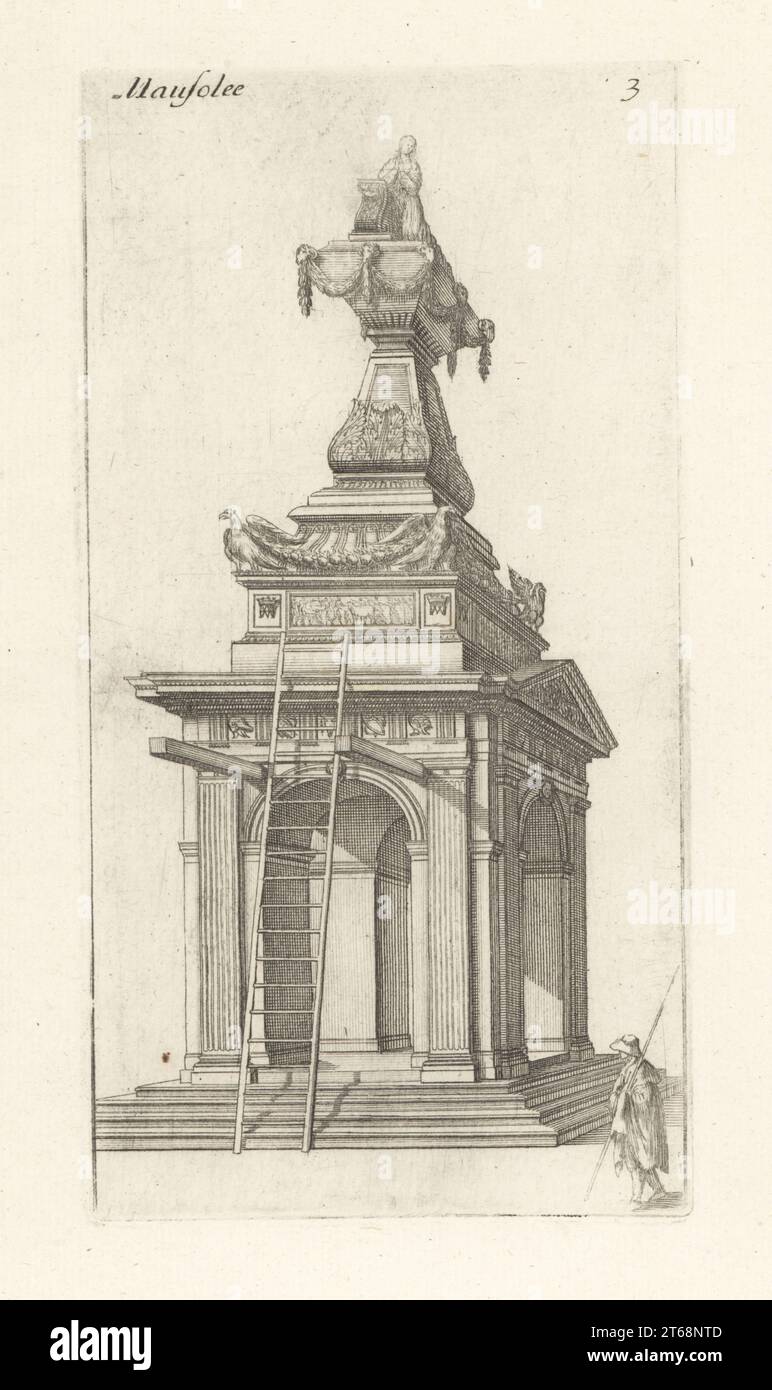 Design for a mausoleum with classical arch, garlands and festoons. Mausolee. Copperplate engraving drawn and engraved by Jean Marot from his Recueil des Plans, Profils et Elevations de Plusieurs Palais, Chasteaux, Eglises, Sepultures, Grotes et Hotels, Collection of Plans, Profiles and Elevations of Palaces, Castles, Churches, Tombs, Grottos and Hotels, chez Mariette, Paris, 1655. Stock Photo