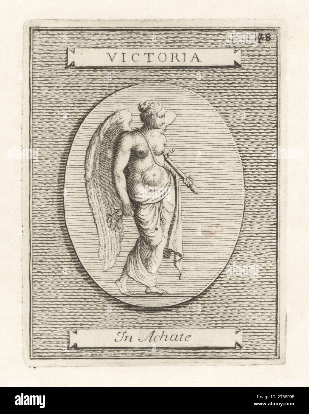 Winged figure of Victoria, Roman deity of victory. Wearing a gold cingulum girdle and holding a laurel crown. From an engraved agate gem. Victoria in Achate. Copperplate engraving from Francesco Valesio, Antonio Gori and Ridolfino Venutis Academia Etrusca, Museum Cortonense in quo Vetera Monumenta, (Etruscan Academy or Museum of Cortona), Faustus Amideus, Rome, 1750. Stock Photo