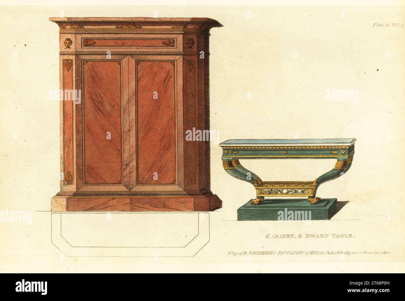 Cabinet and dwarf table, 1813. The cabinet in mahogany, rosewood with brass or ebony inlay, suitable for a collector. The dwarf table for the library has a marble top. Handcoloured copperplate engraving from The Upholsterer's and Cabinet-Maker's Repository consisting of seventy-six designs of modern and fashionable furniture, Rudolph Ackermann, London, 1830. Stock Photo