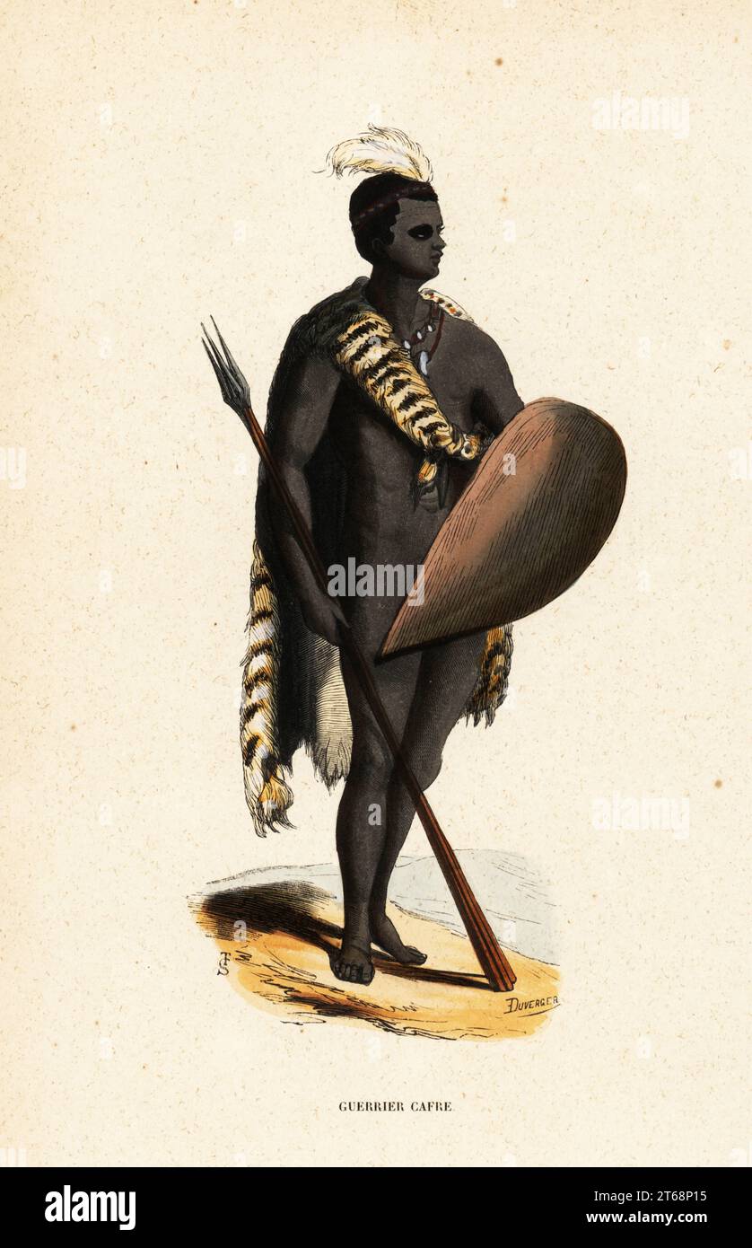 San warrior from South Africa. He wears an animal skin cape, an ostrich feather in his hair, and carries a shield and three spears or assegai. Guerrier Cafre. Handcoloured woodcut by T.S. and Duverger from Auguste Wahlen's Moeurs, Usages et Costumes de tous les Peuples du Monde, (Manners, Customs and Costumes of all the People of the World) Librairie Historique-Artistique, Brussels, 1845. Wahlen was the pseudonym of Jean-Francois-Nicolas Loumyer (1801-1875), a writer and archivist with the Heraldic Department of Belgium. Stock Photo