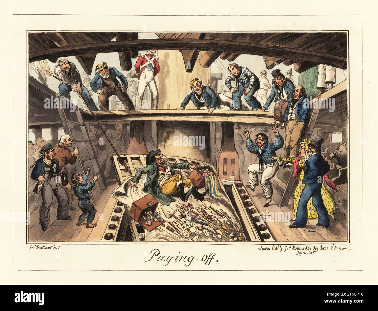 Sailors taking revenge on a Jewish merchant, Napoleonic era. Solomon Schernbac and his shoddy goods are dropped through a grating down into the gun deck. Seamen, officers and women watch and laugh. Paying Off. Handcoloured lithograph by George Cruikshank from Greenwich Hospital, a Series of Naval Sketches, by An Old Sailor (Matthew H. Barker), published by James Robins, London, 1826. Stock Photo