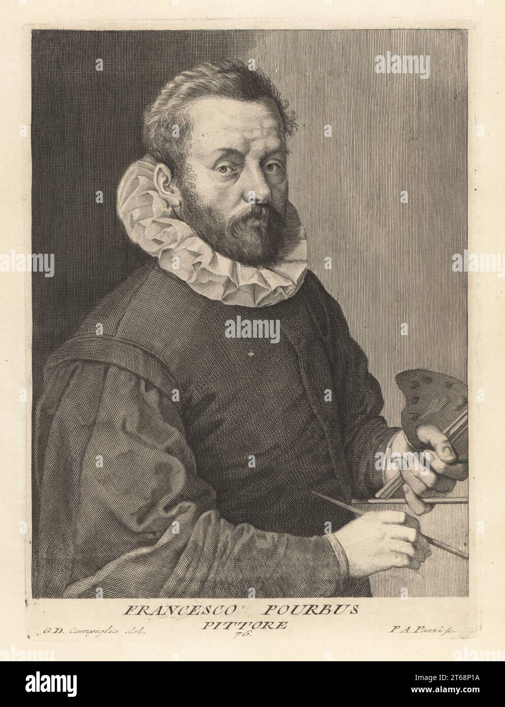 Frans Pourbus the Younger, Flemish portrait painter, son of Frans Pourbus the Elder, 15691622. Painter to Marie de' Medici and the Duke of Mantua. In ruff collar holding paint brushes and oil palette. Francesco Pourbus, Pittore. Copperplate engraving by Pietro Antonio Pazzi after Giovanni Domenico Campiglia after a self portrait by the artist from Francesco Moucke's Museo Florentino (Museum Florentinum), Serie di Ritratti de Pittori (Series of Portraits of Painters) stamperia Mouckiana, Florence, 1752-62. Stock Photo