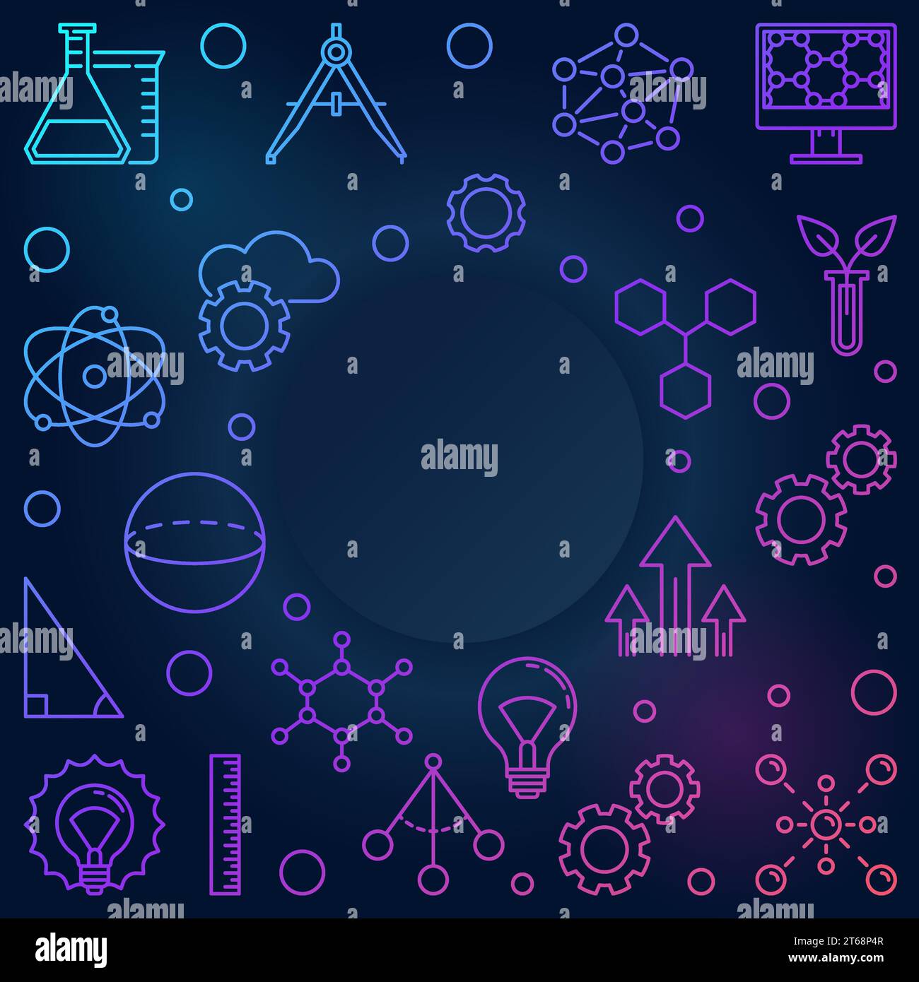STEM colored square frame. Vector education concept linear illustration on dark background Stock Vector